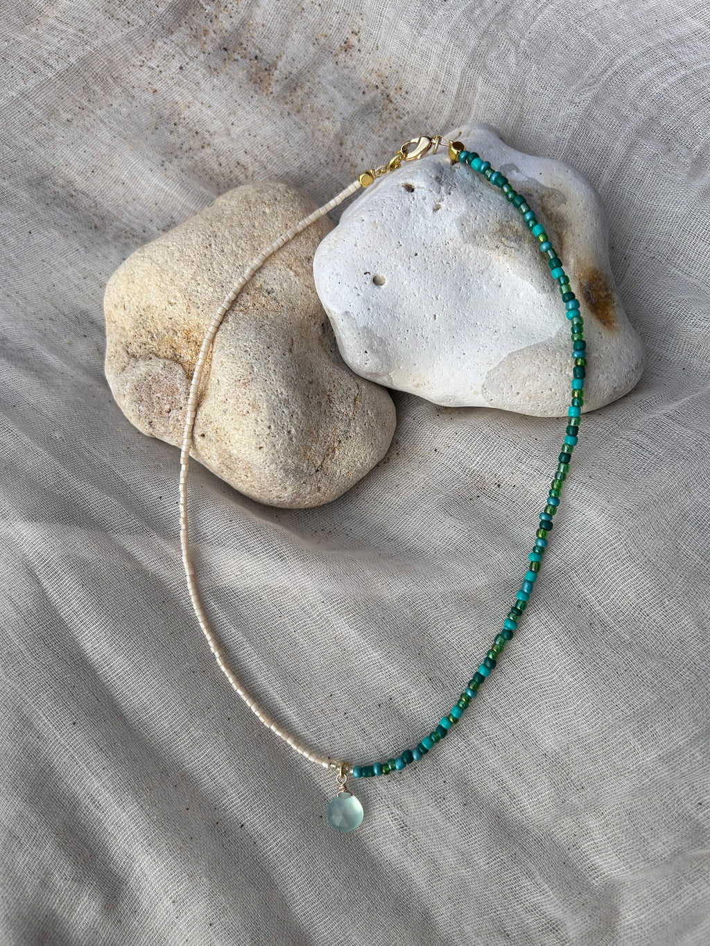 Handmade beaded necklace: aqua chalcedony pendant, two-tone coastal style, gold or silver-plated jewellery