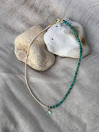 Handmade beaded necklace: aqua chalcedony pendant, two-tone coastal style, gold or silver-plated jewellery