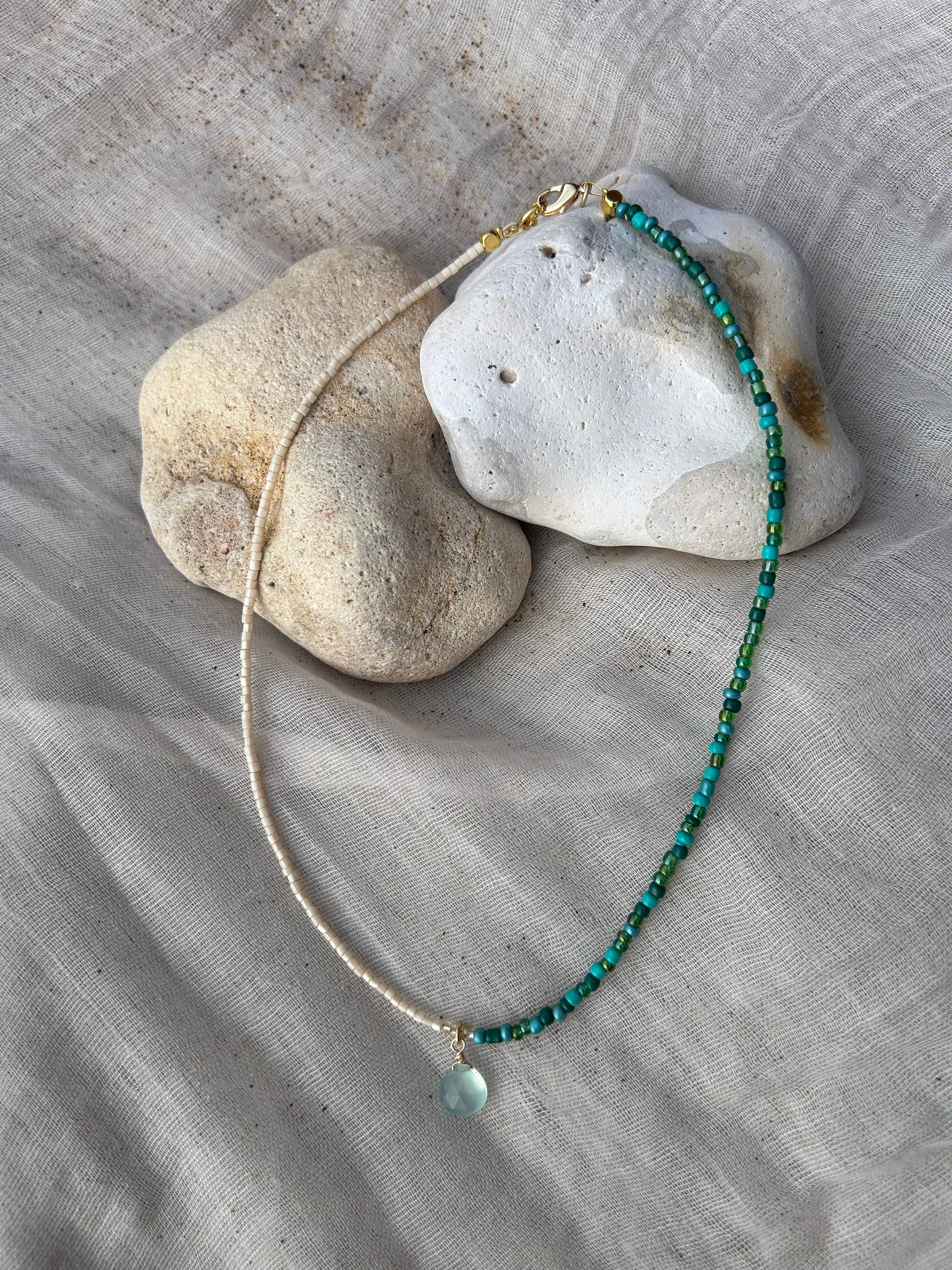 Handmade beaded necklace: aqua chalcedony pendant, two-tone coastal style, gold or silver-plated jewellery