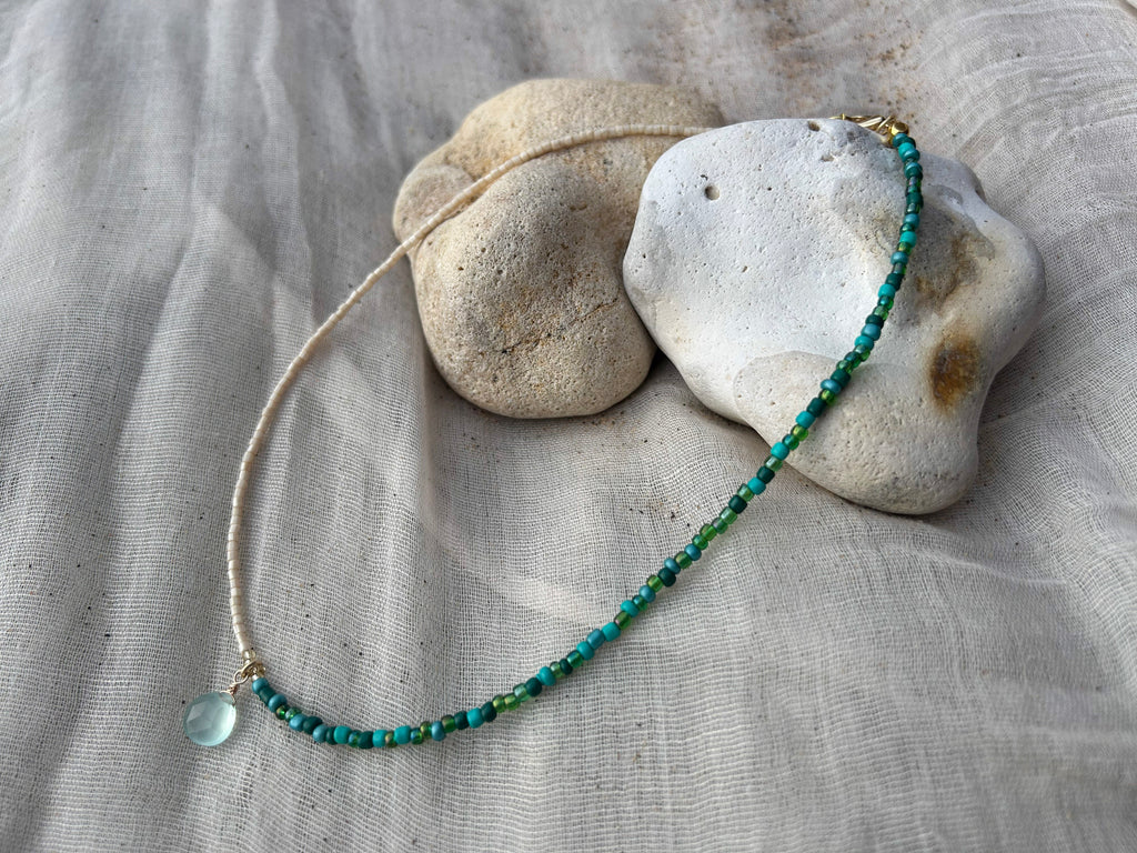 Handmade beaded necklace: aqua chalcedony pendant, two-tone coastal style, gold or silver-plated jewellery