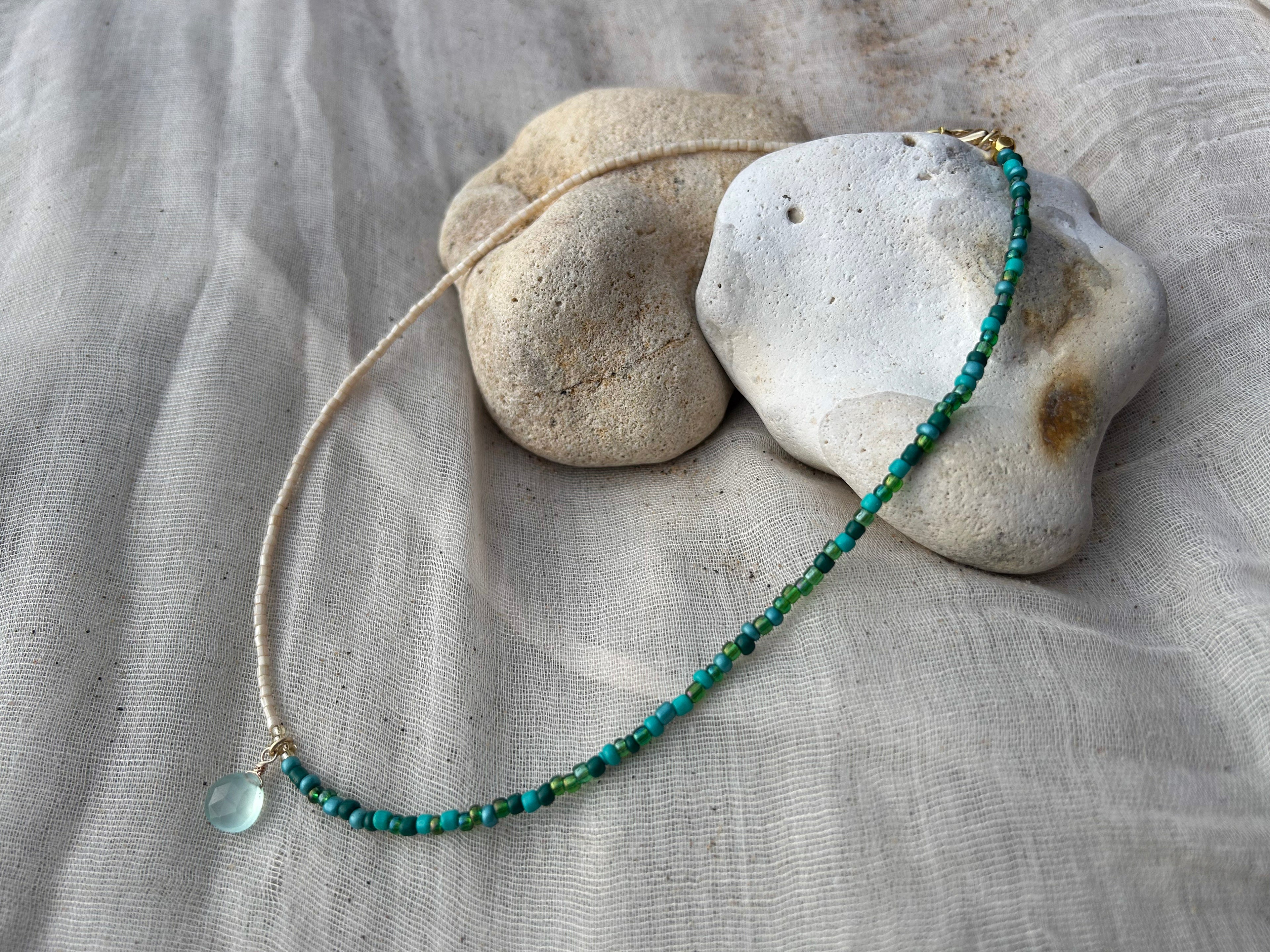 Handmade beaded necklace: aqua chalcedony pendant, two-tone coastal style, gold or silver-plated jewellery