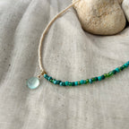 Handmade beaded necklace: aqua chalcedony pendant, two-tone coastal style, gold or silver-plated jewellery