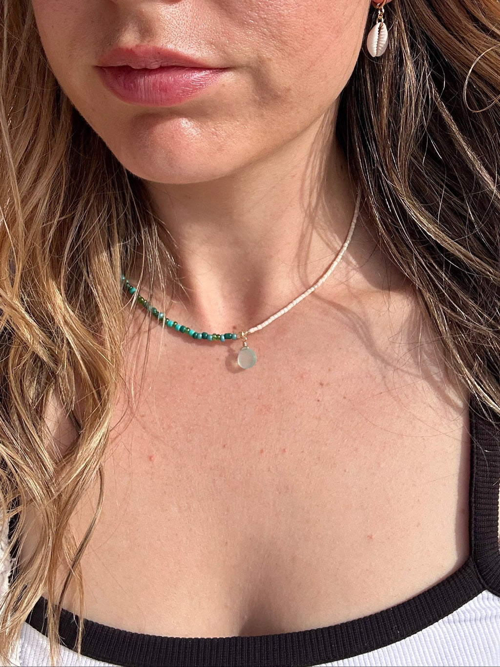 Handmade beaded necklace: aqua chalcedony pendant, two-tone coastal style, gold or silver-plated jewellery