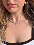 Handmade beaded necklace: aqua chalcedony pendant, two-tone coastal style, gold or silver-plated jewellery