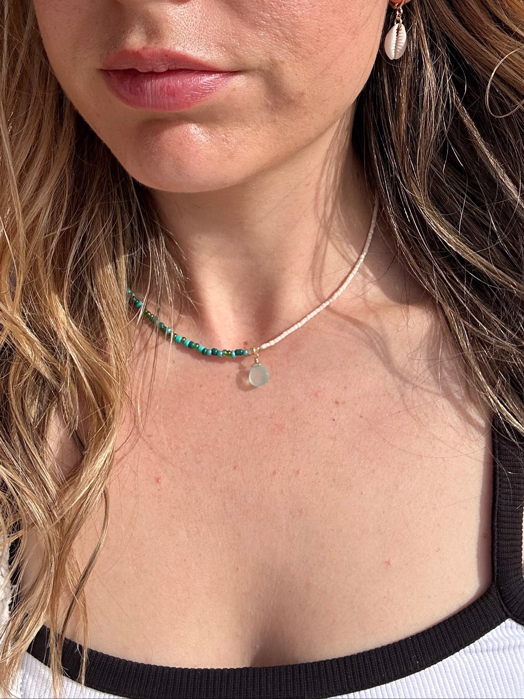 Handmade beaded necklace: aqua chalcedony pendant, two-tone coastal style, gold or silver-plated jewellery