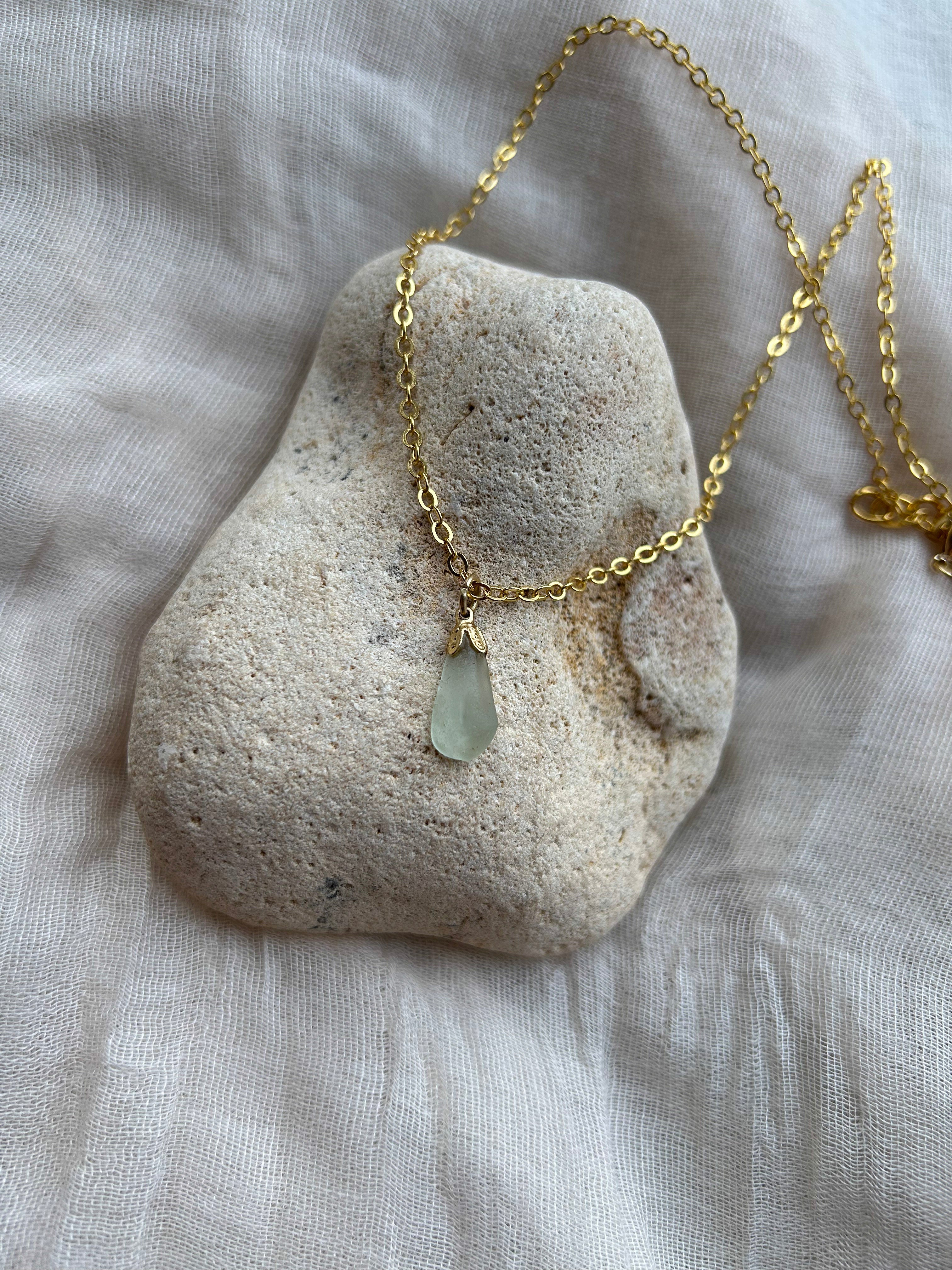 Handmade Sea Glass Pendant Necklace – Delicate  Gold-Plated Chain