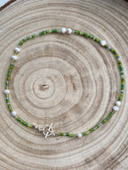 Handmade Green Beaded Necklace | Freshwater Pearls & T-Bar Clasp