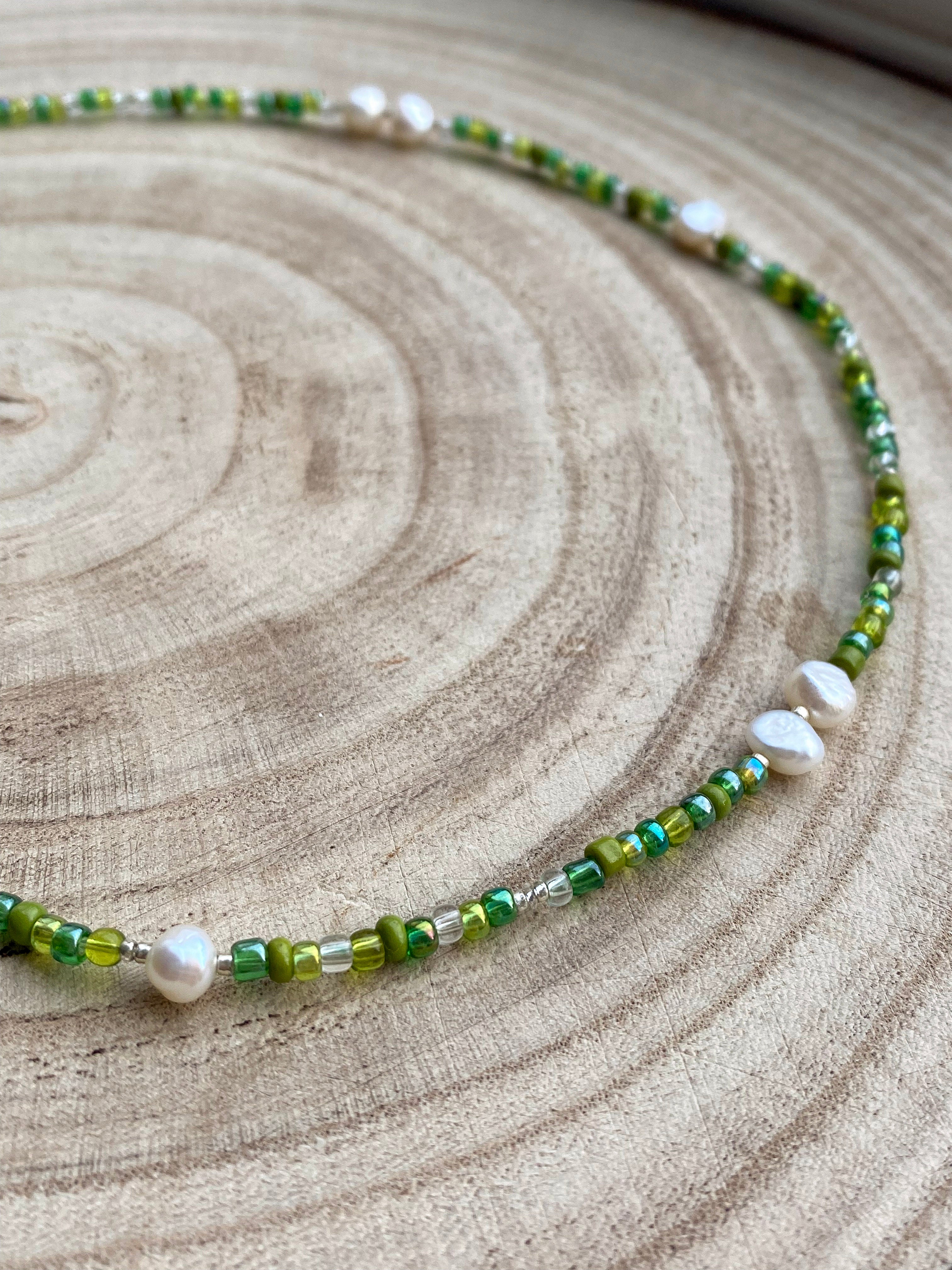 Handmade Green Beaded Necklace | Freshwater Pearls & T-Bar Clasp