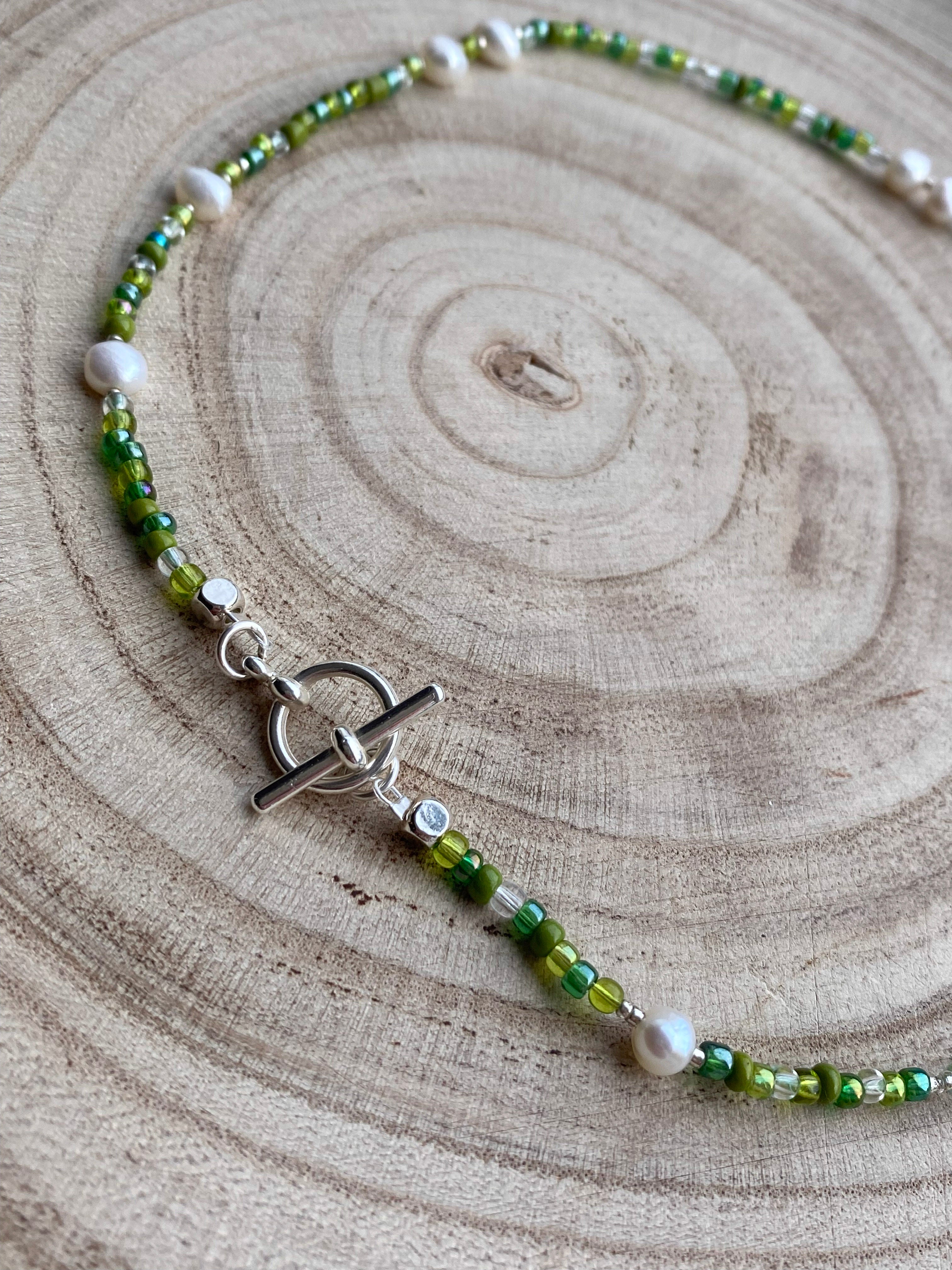 Handmade Green Beaded Necklace | Freshwater Pearls & T-Bar Clasp