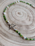 Handmade Green Beaded Necklace | Freshwater Pearls & T-Bar Clasp