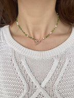 Handmade Green Beaded Necklace | Freshwater Pearls & T-Bar Clasp