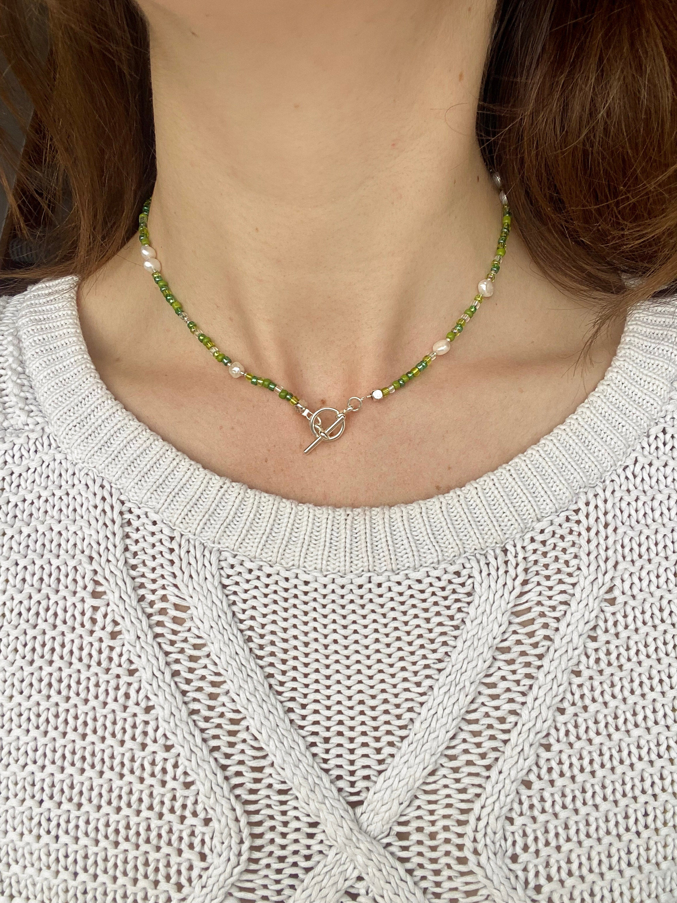 Handmade Green Beaded Necklace | Freshwater Pearls & T-Bar Clasp