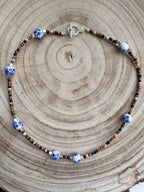 Handmade Beaded Necklace with Blue Porcelain Accents | Earth Tones