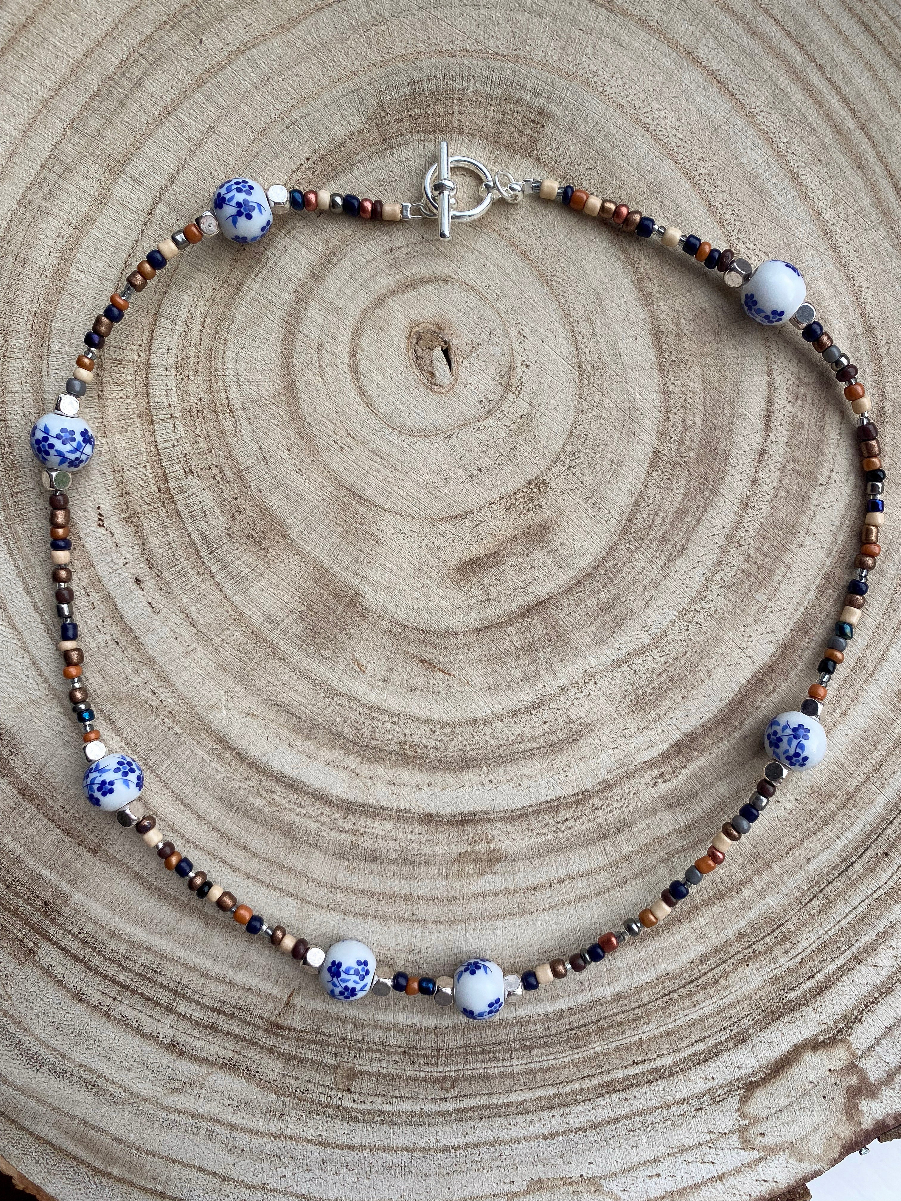 Handmade Beaded Necklace with Blue Porcelain Accents | Earth Tones