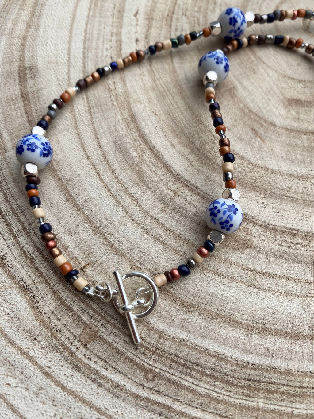 Handmade Beaded Necklace with Blue Porcelain Accents | Earth Tones