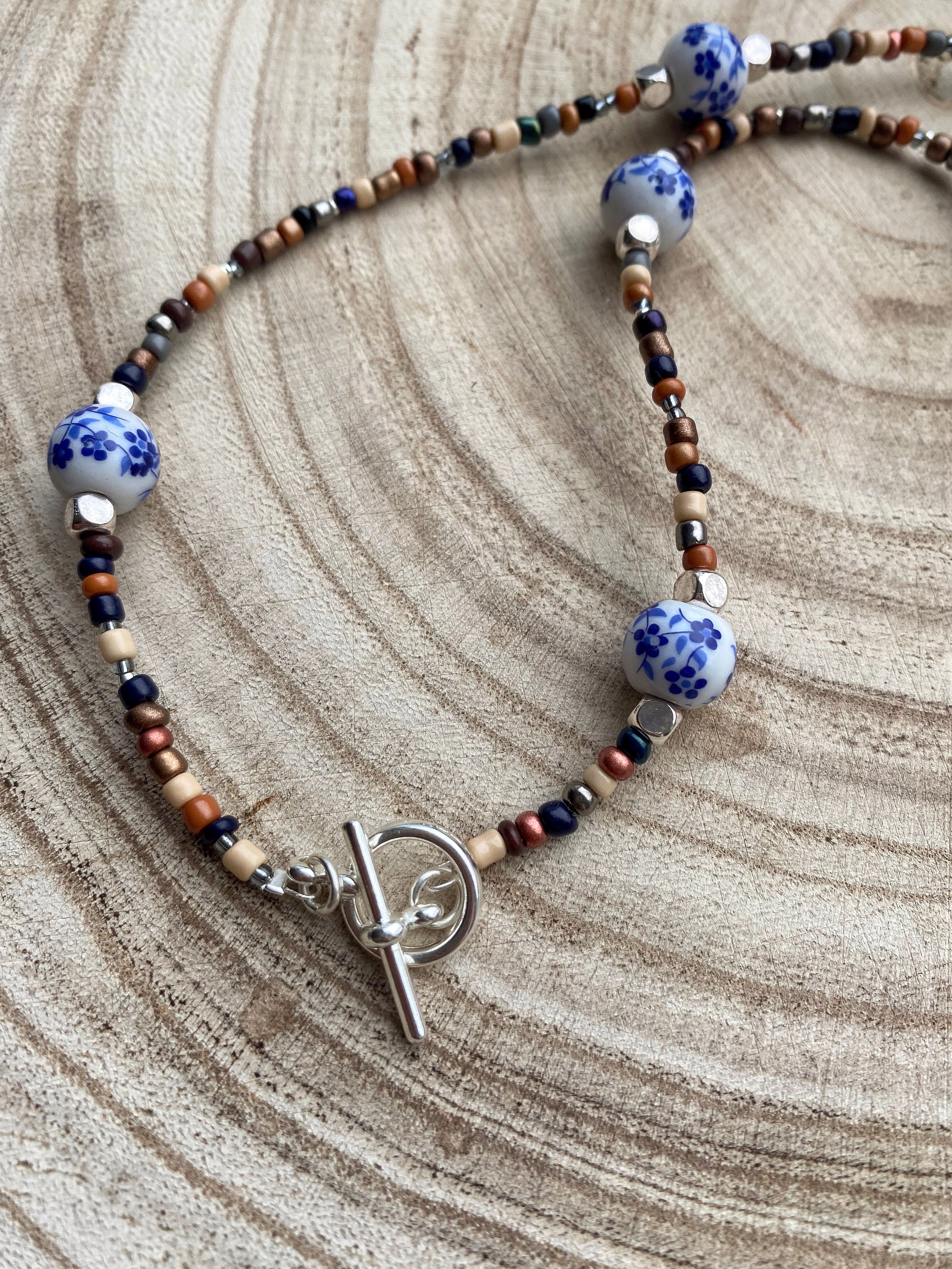 Handmade Beaded Necklace with Blue Porcelain Accents | Earth Tones