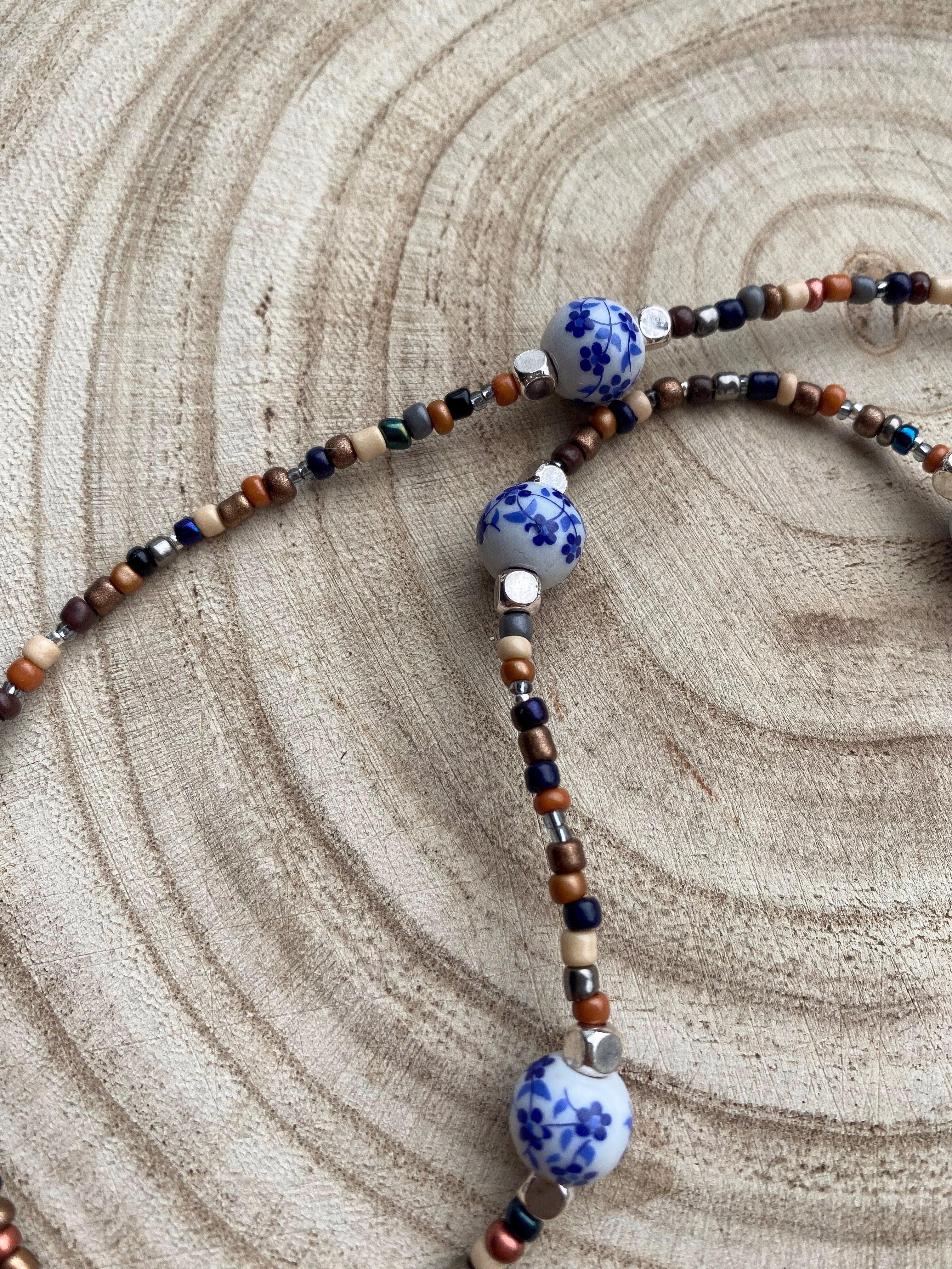 Handmade Beaded Necklace with Blue Porcelain Accents | Earth Tones
