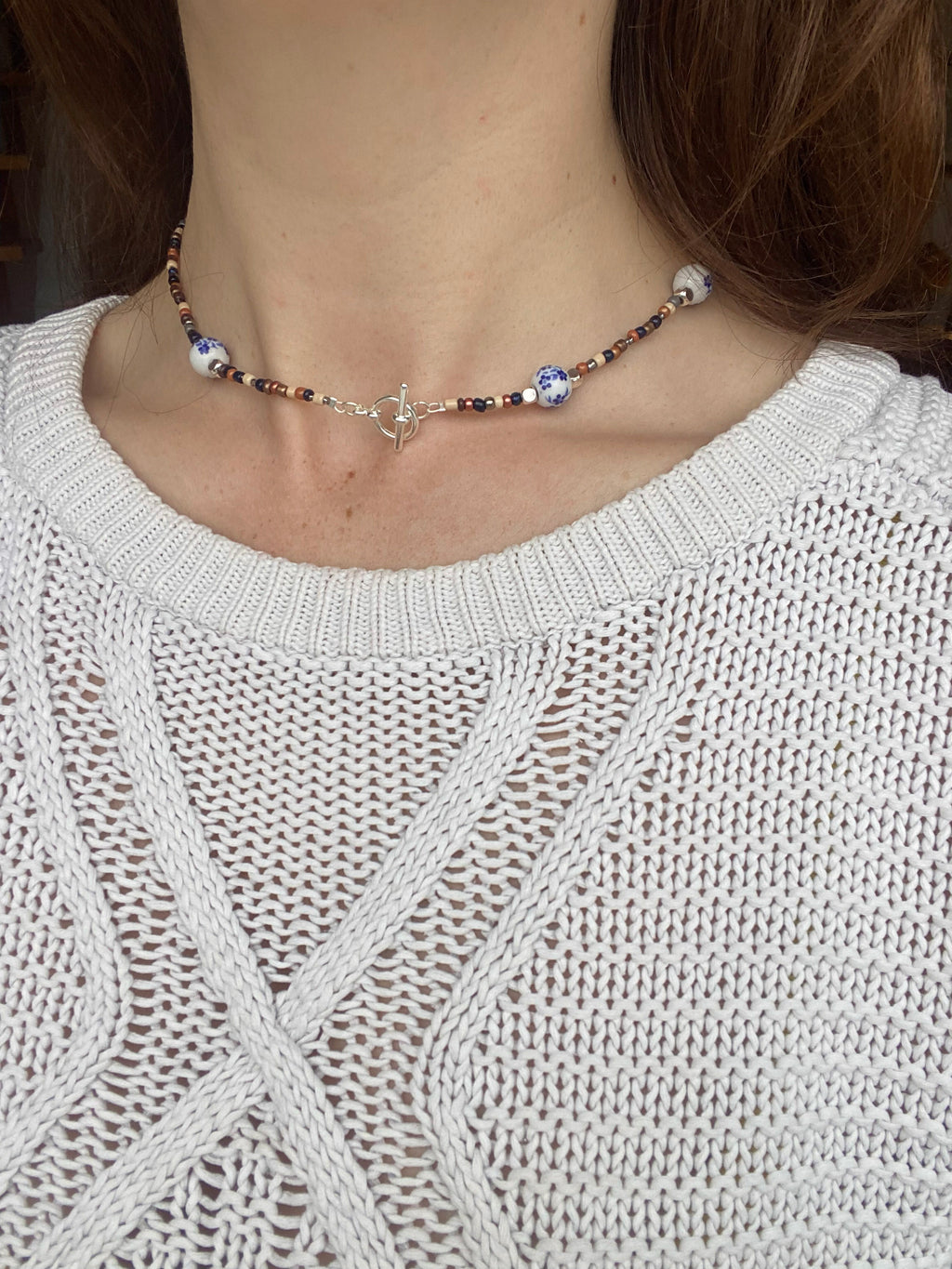 Handmade Beaded Necklace with Blue Porcelain Accents | Earth Tones