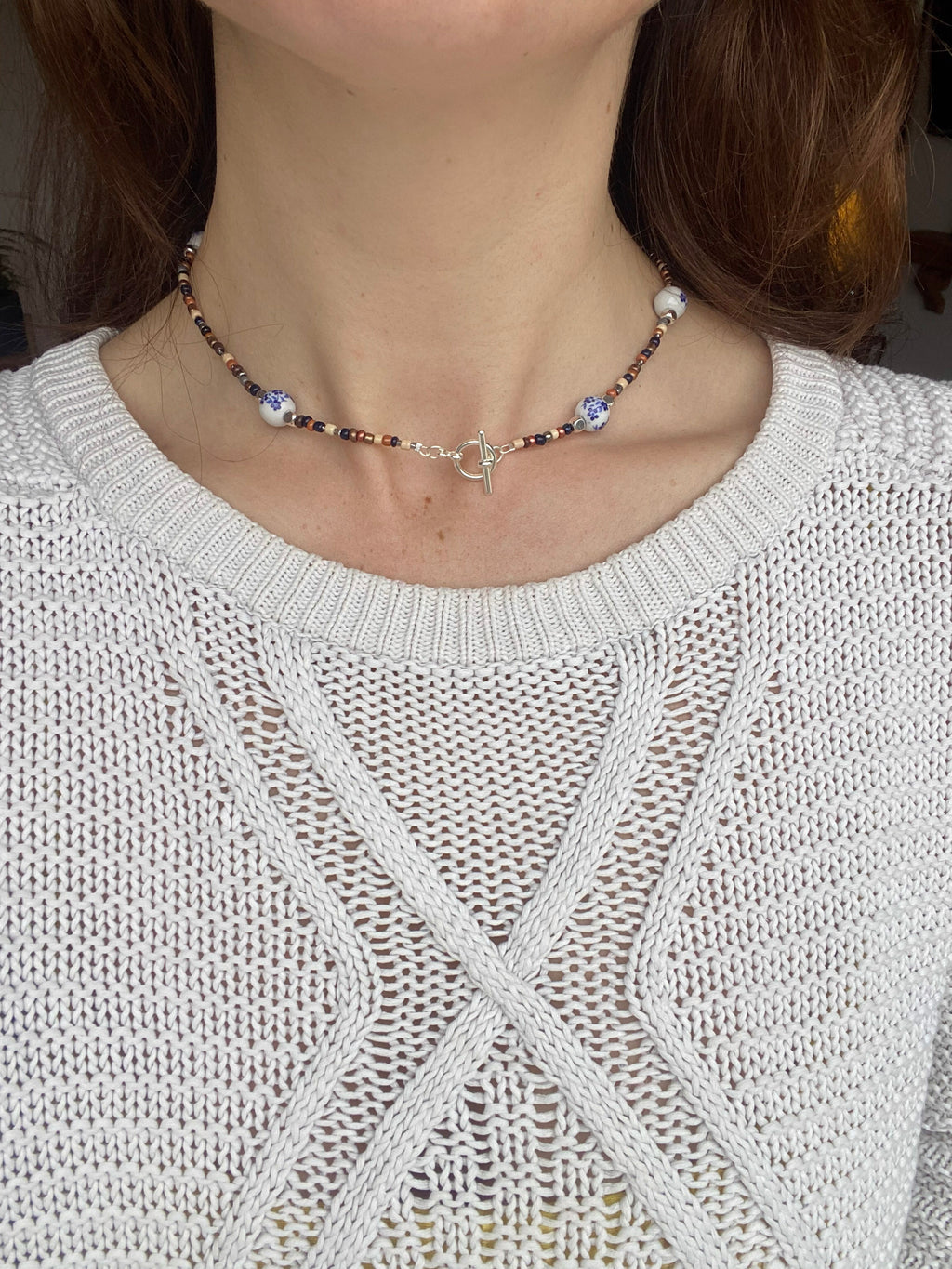 Handmade Beaded Necklace with Blue Porcelain Accents | Earth Tones