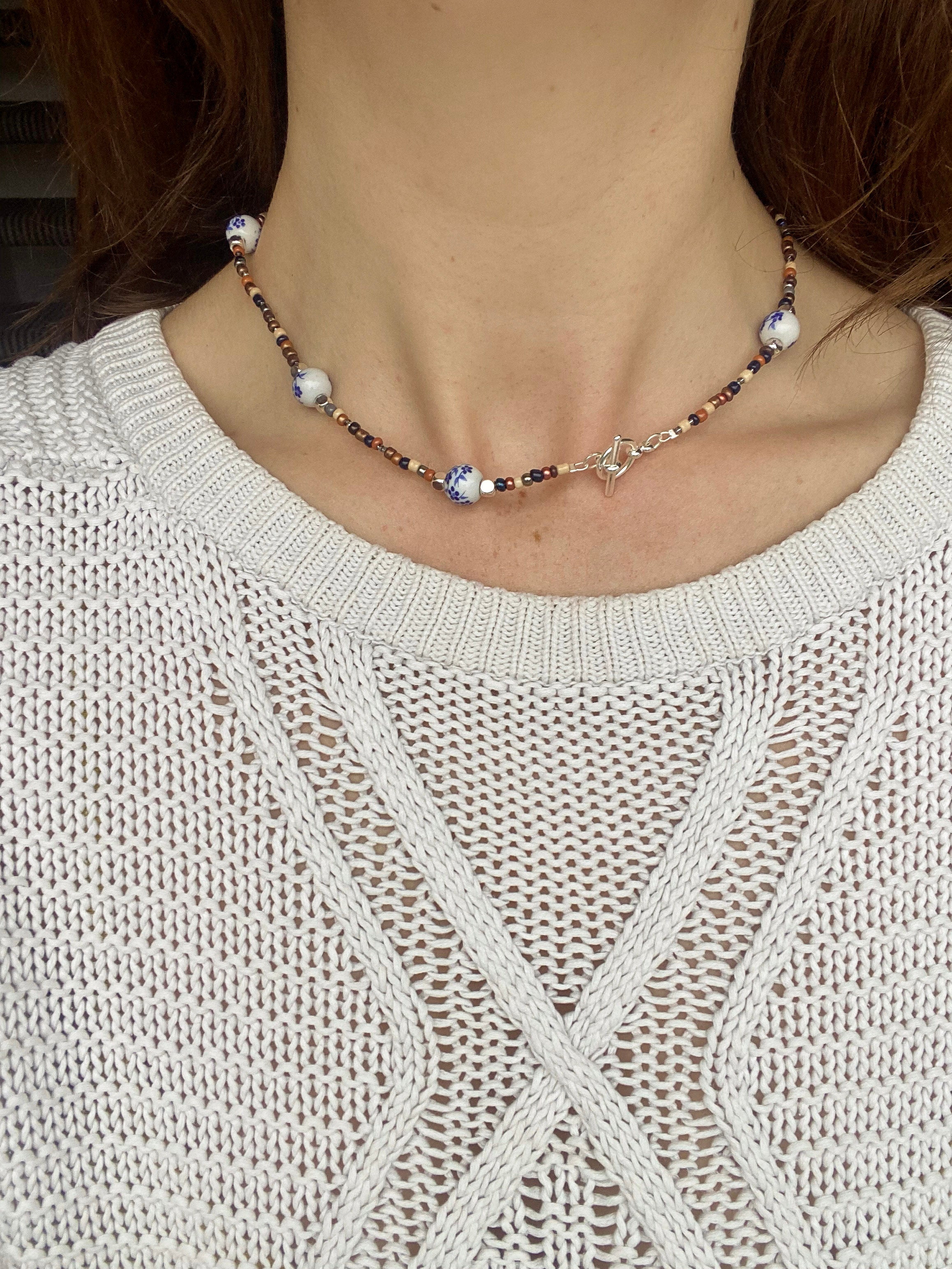 Handmade Beaded Necklace with Blue Porcelain Accents | Earth Tones