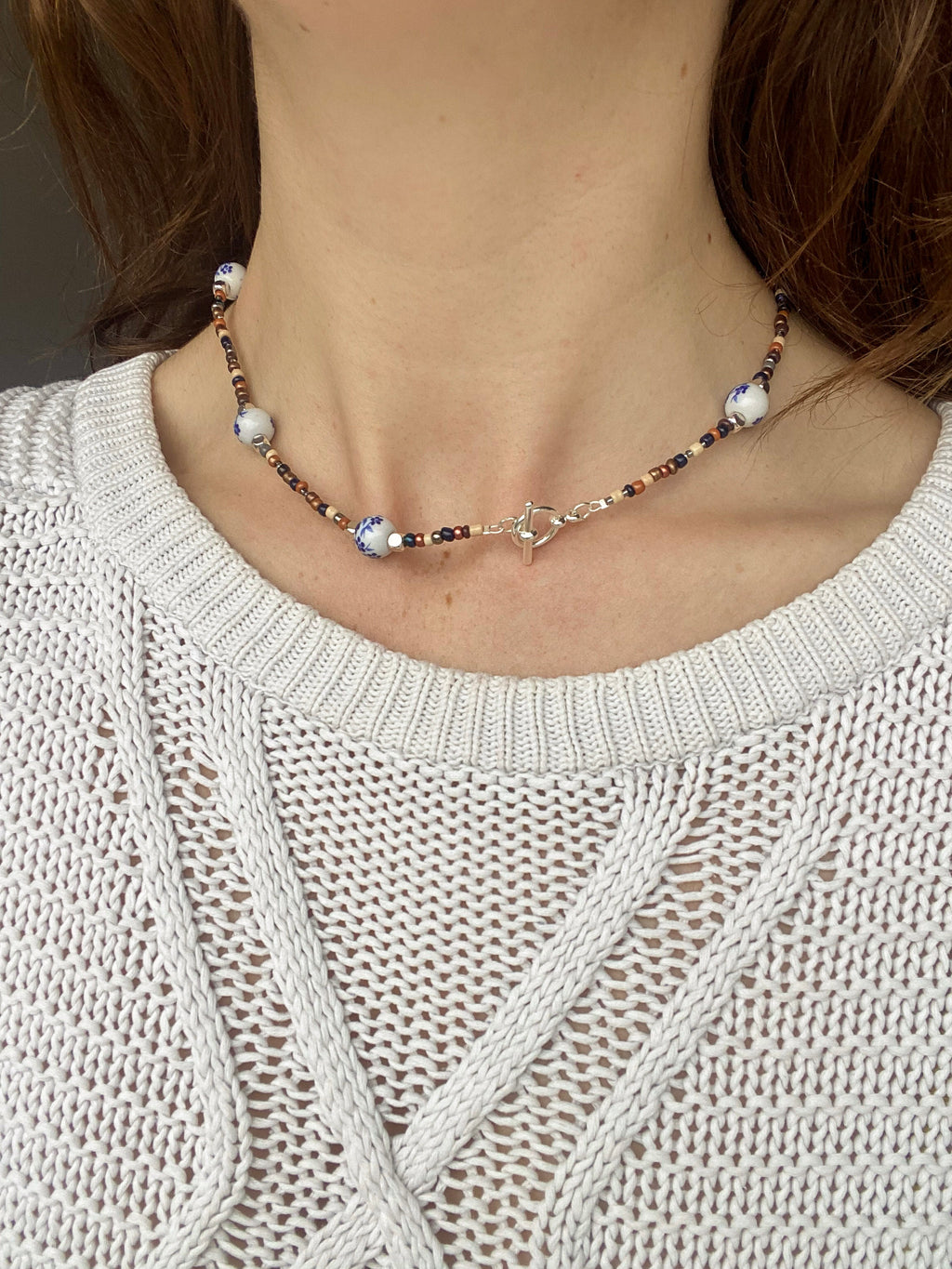 Handmade Beaded Necklace with Blue Porcelain Accents | Earth Tones