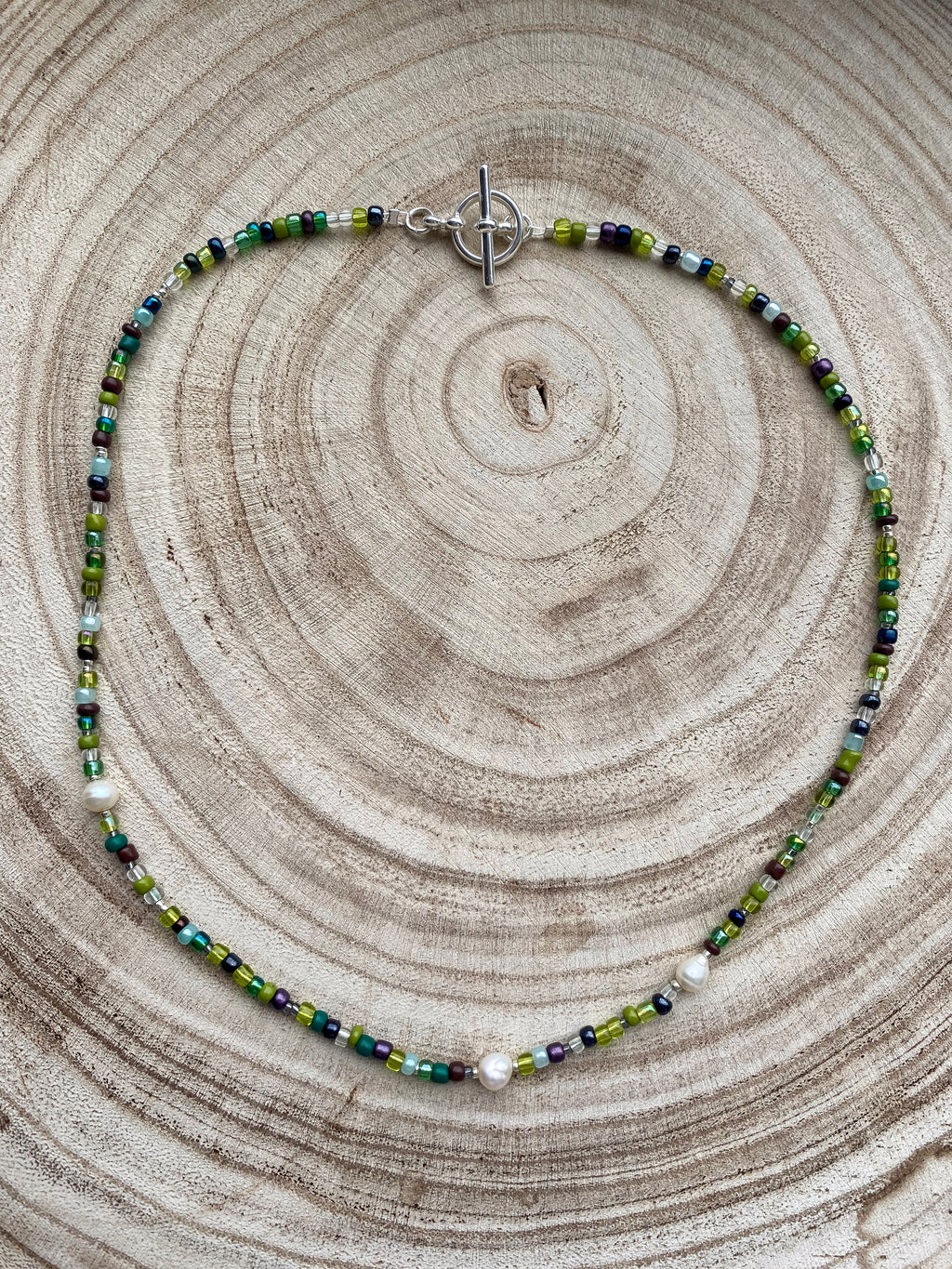 Handmade Dark Green Beaded Necklace with Freshwater Pearls & Silver T-Bar Clasp