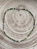 Handmade Dark Green Beaded Necklace with Freshwater Pearls & Silver T-Bar Clasp