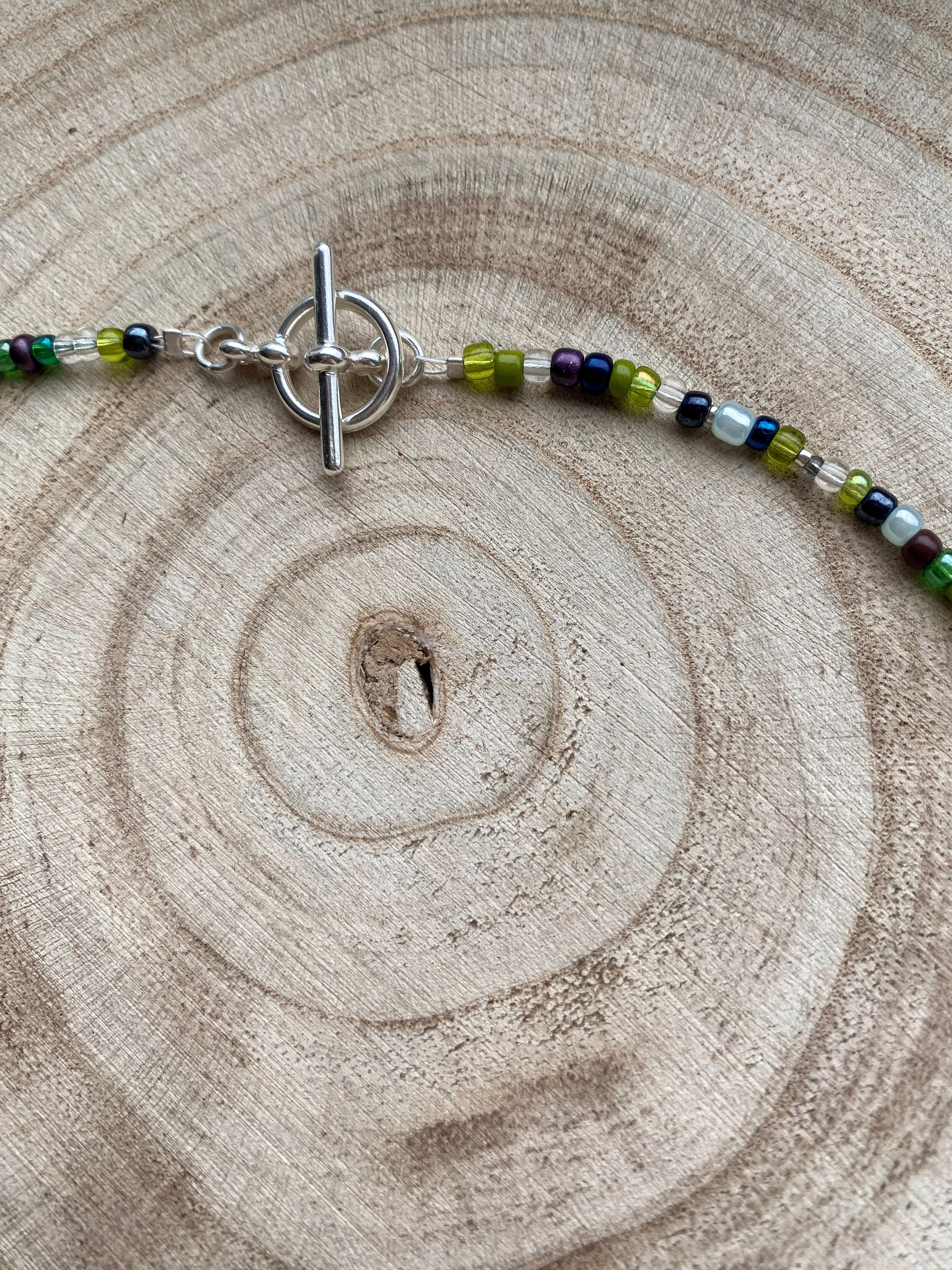 Handmade Dark Green Beaded Necklace with Freshwater Pearls & Silver T-Bar Clasp