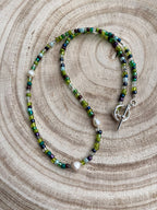 Handmade Dark Green Beaded Necklace with Freshwater Pearls & Silver T-Bar Clasp