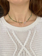 Handmade Dark Green Beaded Necklace with Freshwater Pearls & Silver T-Bar Clasp