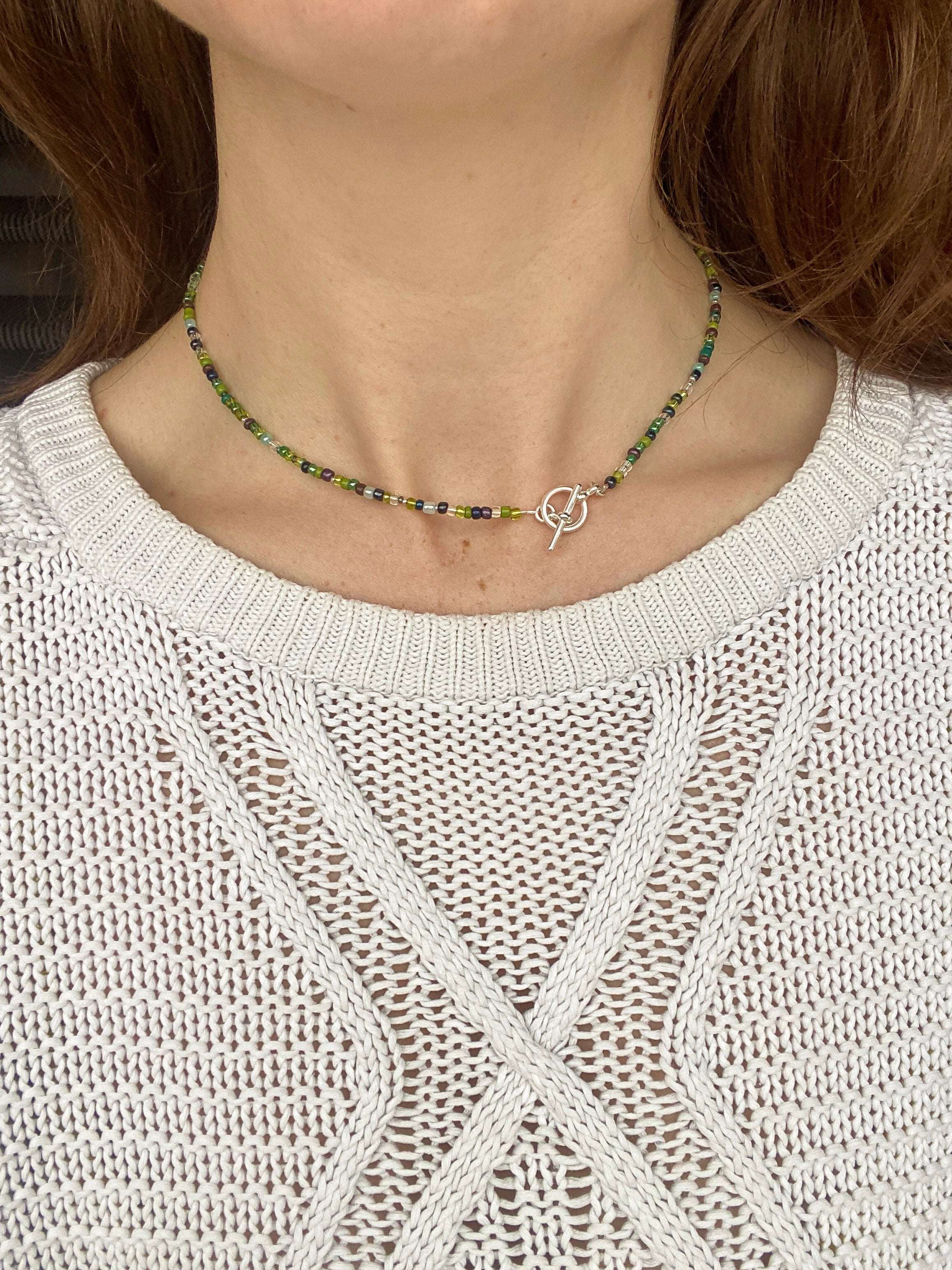 Handmade Dark Green Beaded Necklace with Freshwater Pearls & Silver T-Bar Clasp