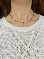 Handmade Dark Green Beaded Necklace with Freshwater Pearls & Silver T-Bar Clasp