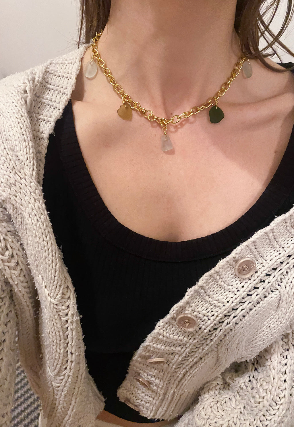 Gold Plated Chunky Charm Necklace: Devon Sea Glass Charms