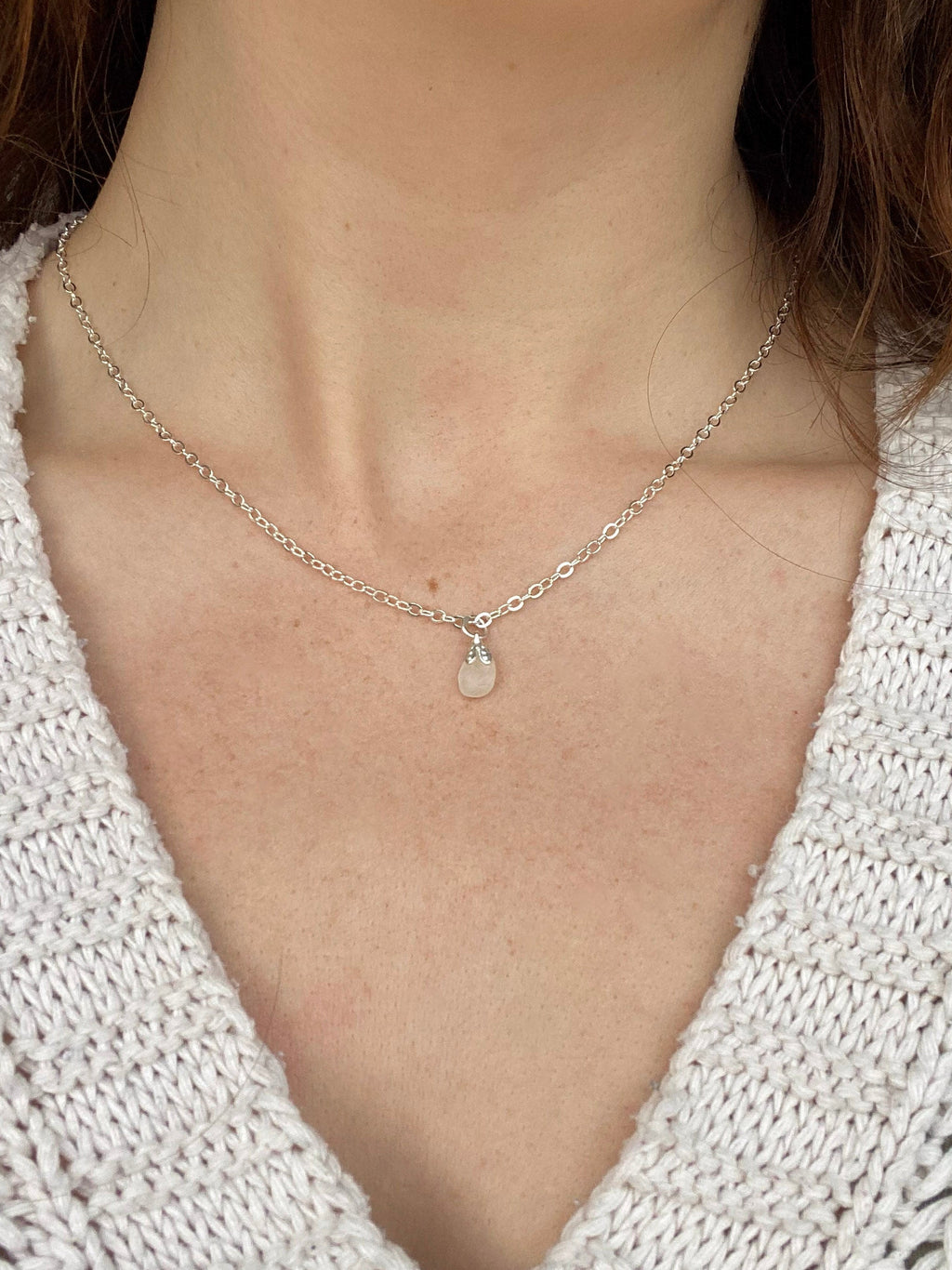 White Sea Glass Pendant Necklace – Silver-Plated Chain