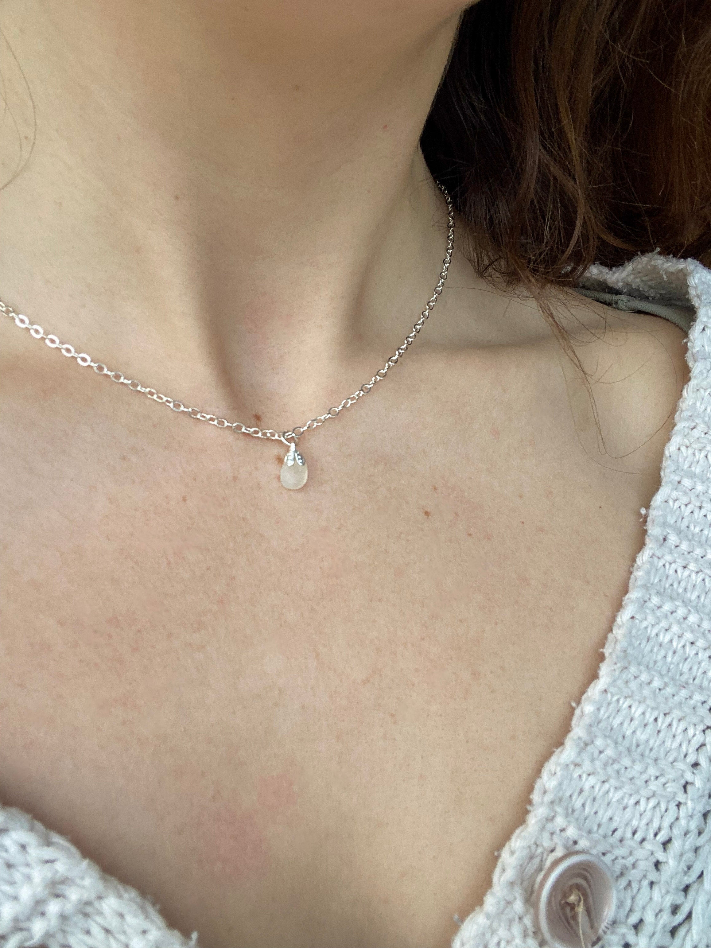 White Sea Glass Pendant Necklace – Silver-Plated Chain