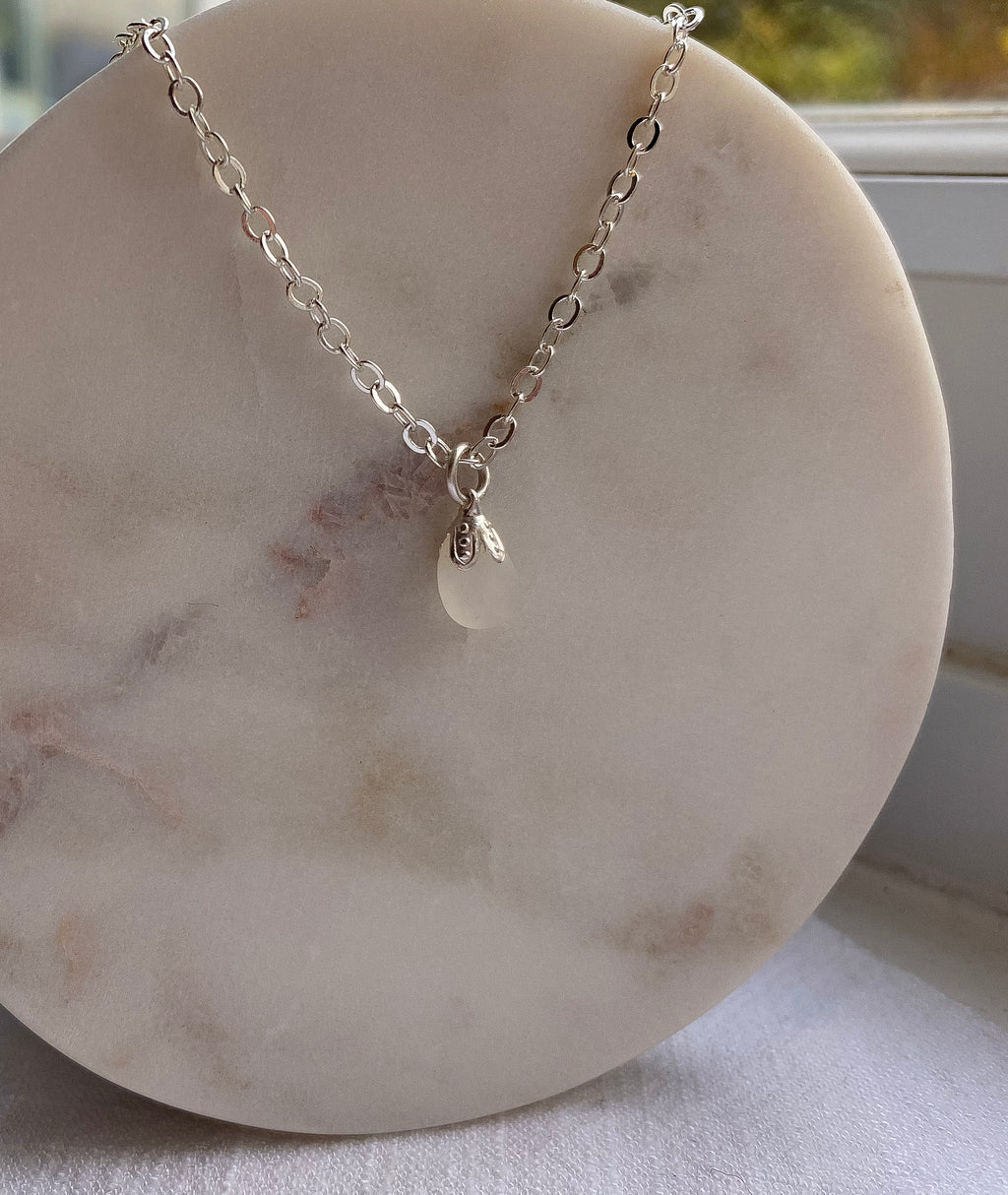 White Sea Glass Pendant Necklace – Silver-Plated Chain