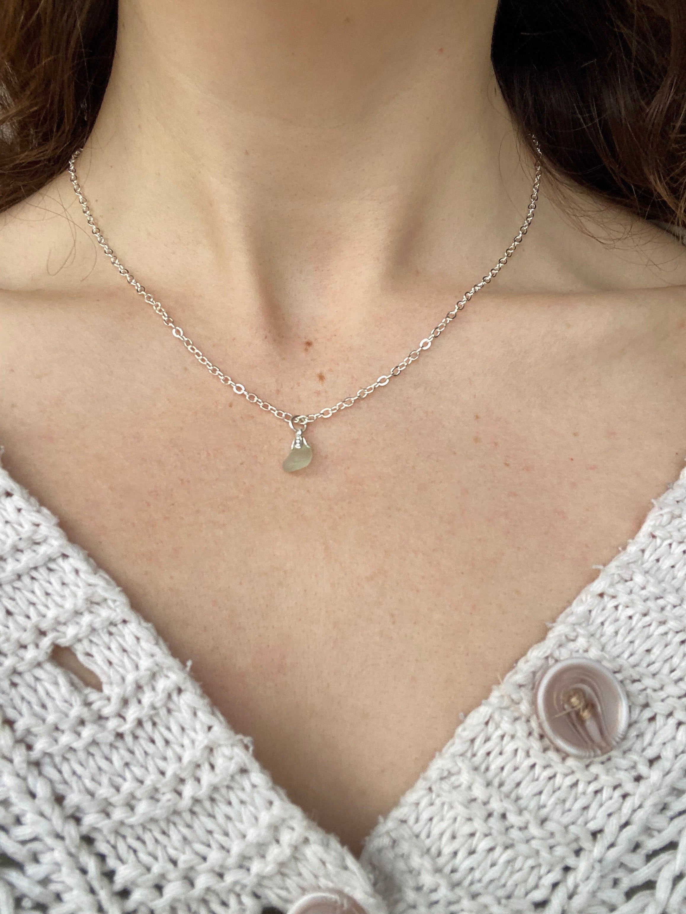 Aqua Sea Glass Pendant Necklace – Silver-Plated Chain