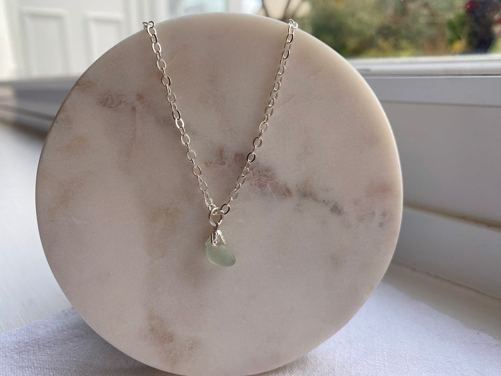 Aqua Sea Glass Pendant Necklace – Silver-Plated Chain
