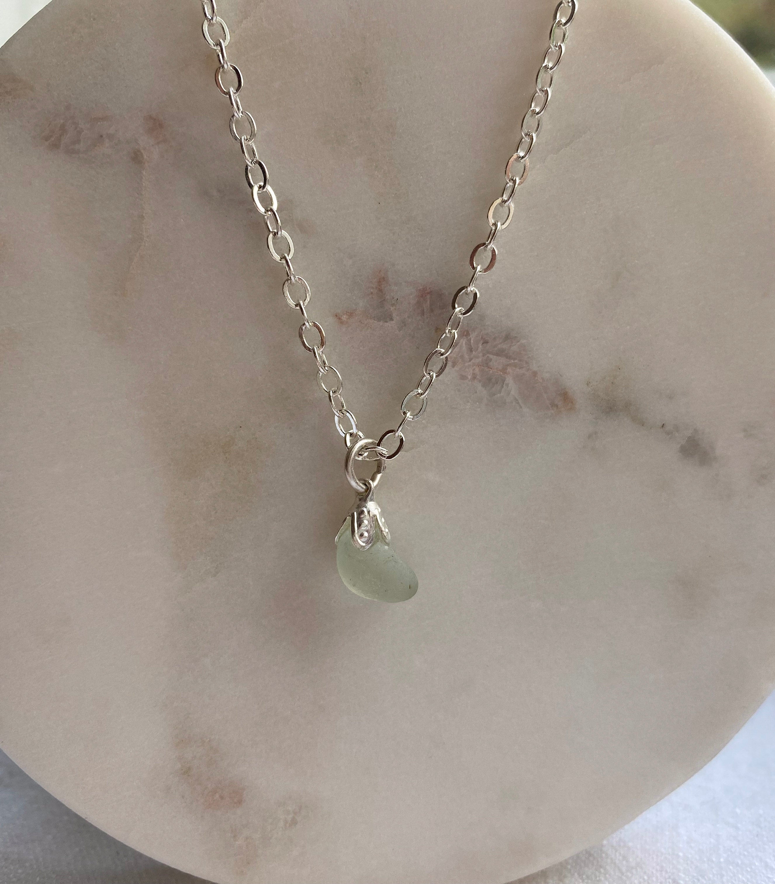 Aqua Sea Glass Pendant Necklace – Silver-Plated Chain