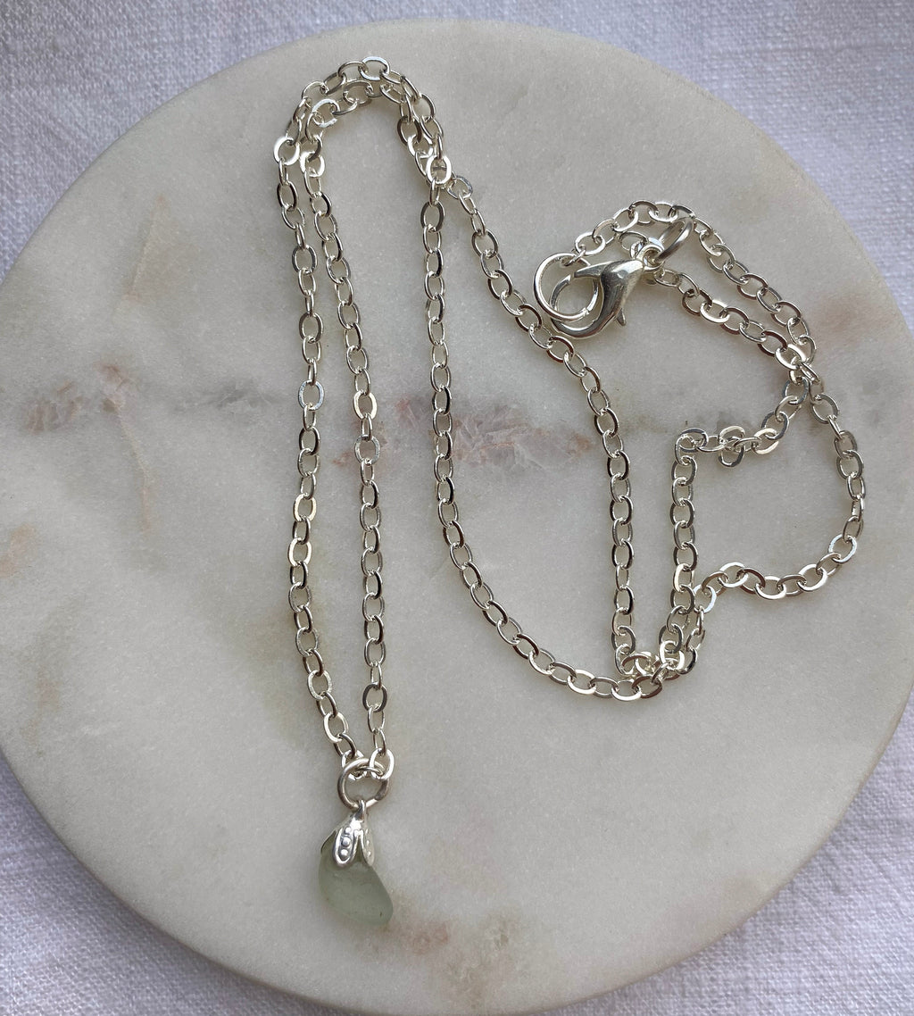 Aqua Sea Glass Pendant Necklace – Silver-Plated Chain