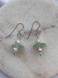 Aqua Sea Glass Earrings, Silver-plated drop earrings with freshwater pearls