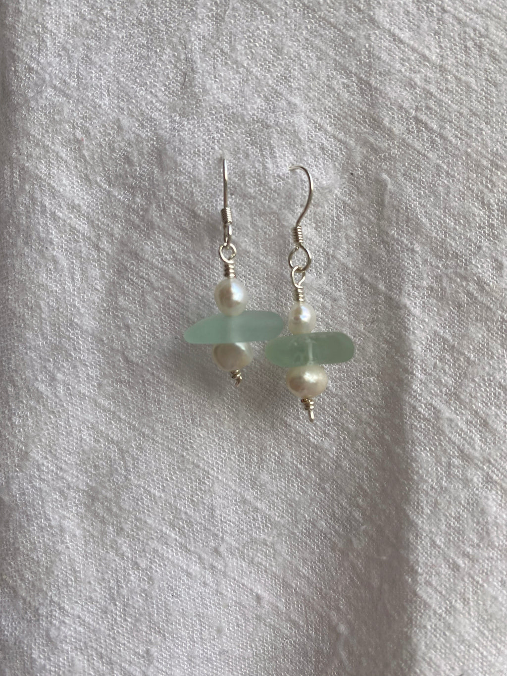 Aqua Sea Glass Earrings, Silver-plated drop earrings with freshwater pearls