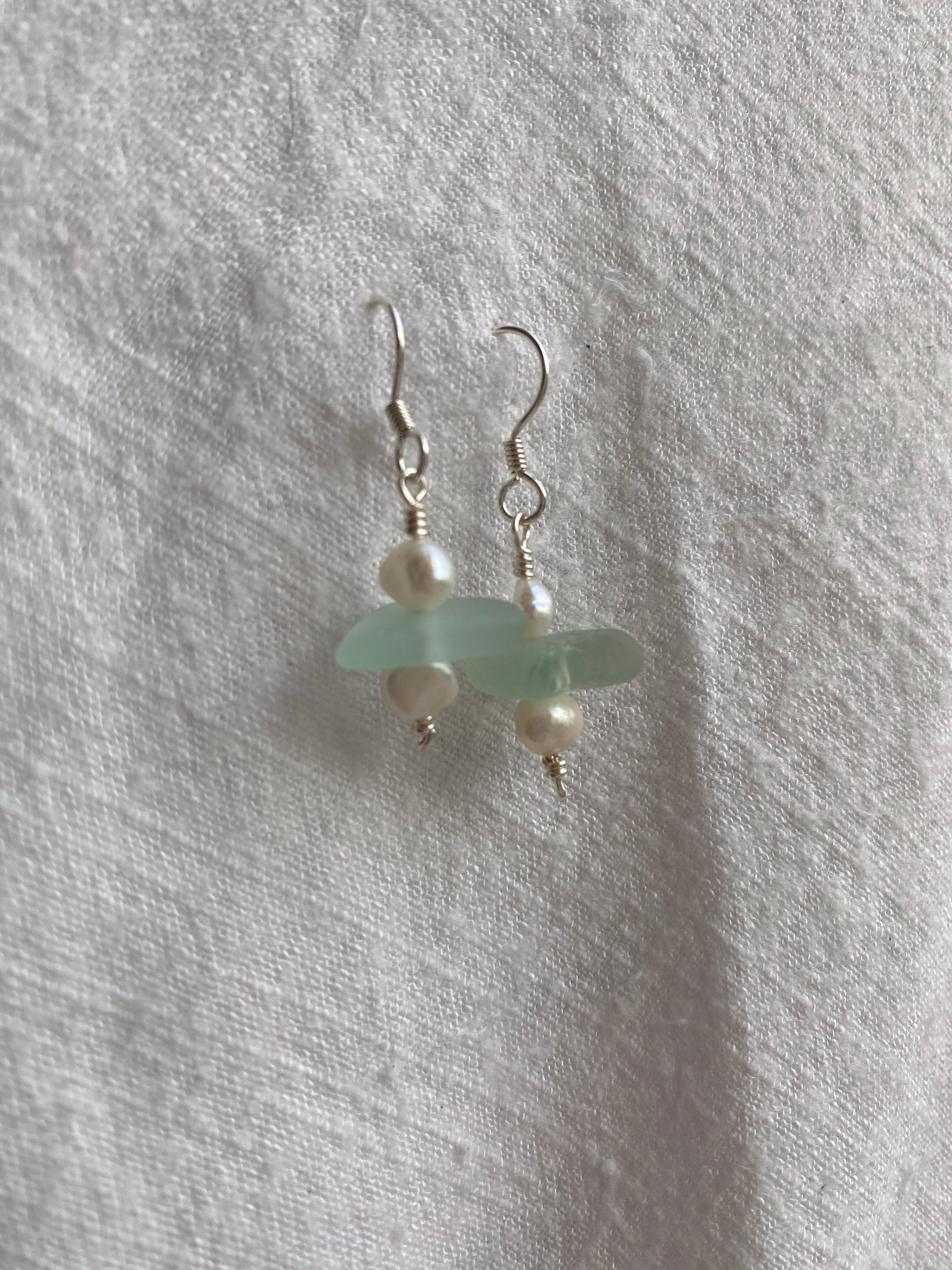 Aqua Sea Glass Earrings, Silver-plated drop earrings with freshwater pearls