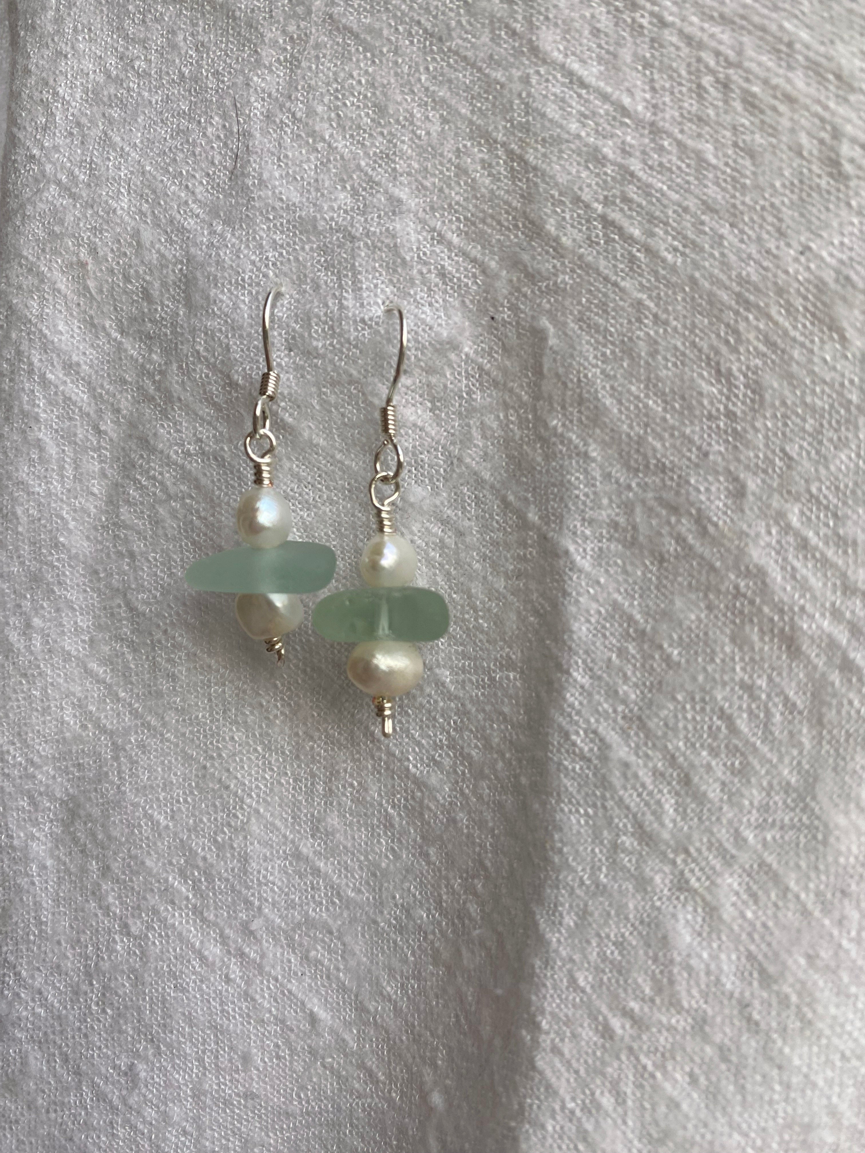 Aqua Sea Glass Earrings, Silver-plated drop earrings with freshwater pearls
