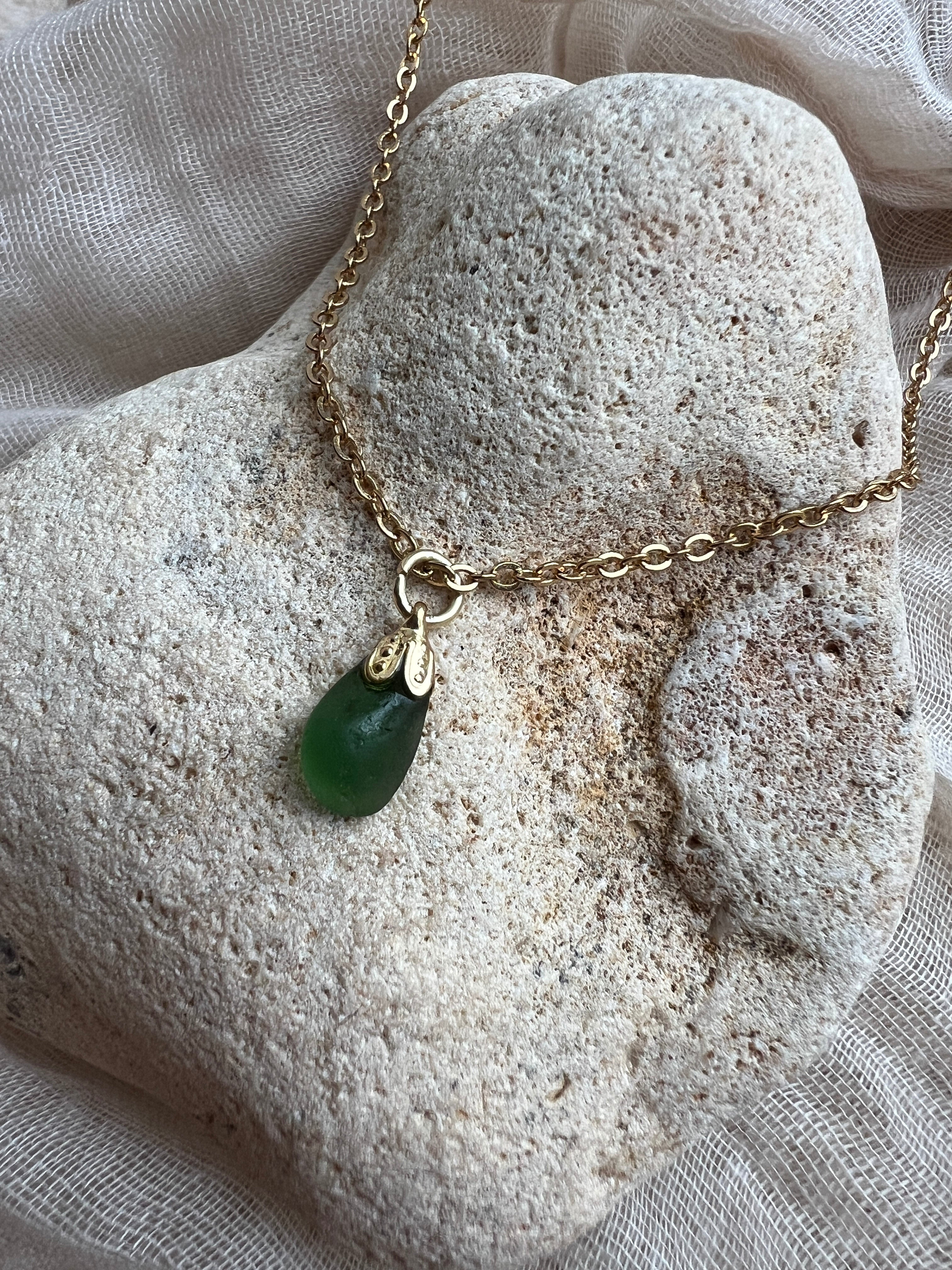 Handmade Sea Glass Pendant Necklace – Delicate  Gold-Plated Chain