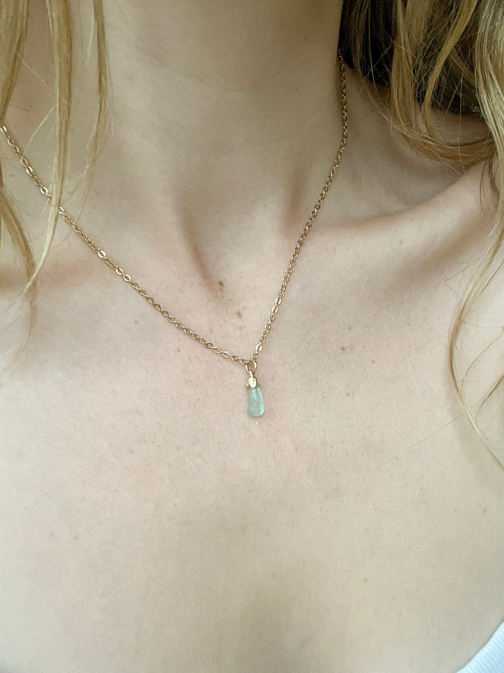 Aqua Sea Glass Pendant Necklace – Gold-Plated Chain