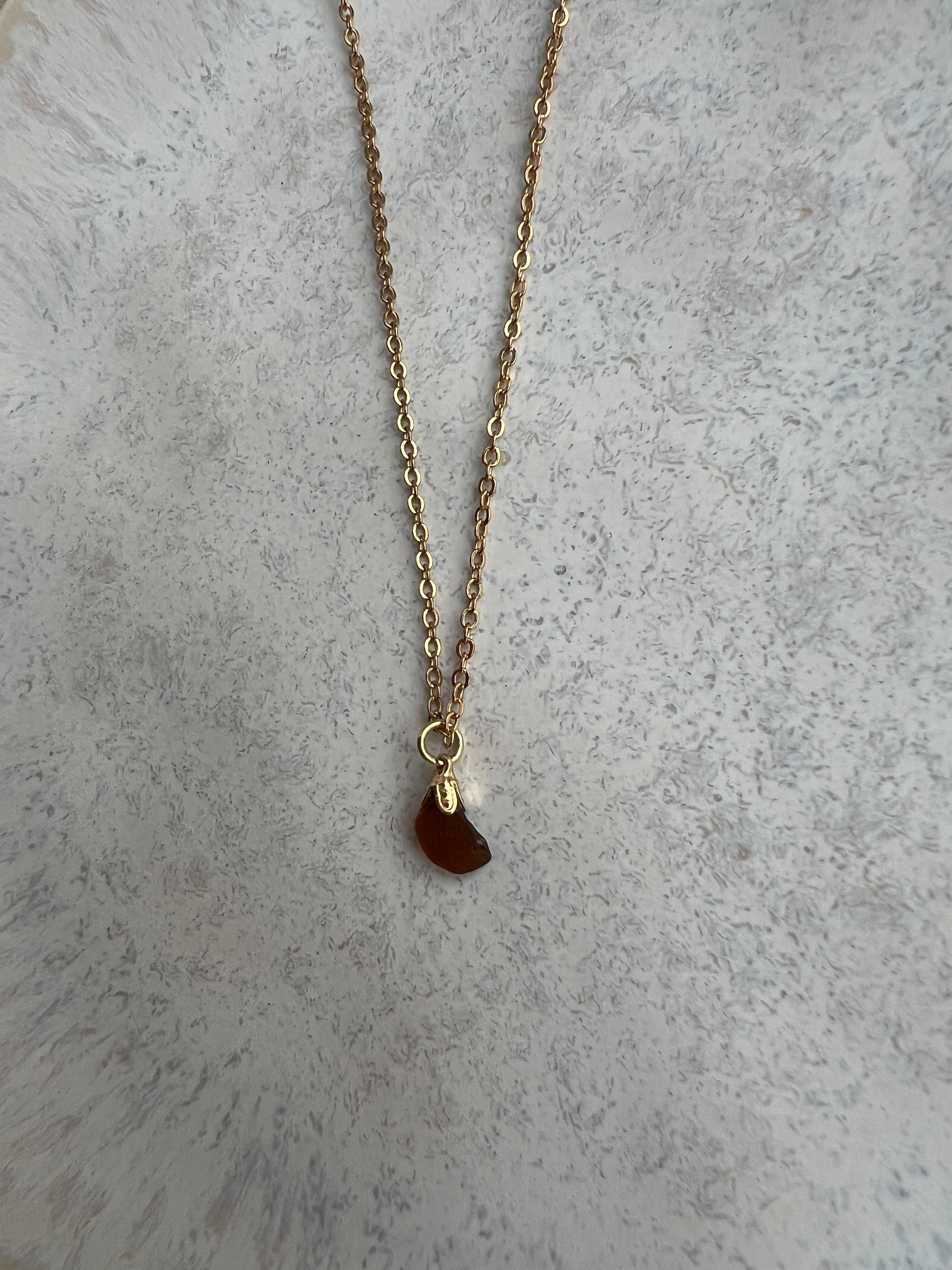 Brown Sea Glass Pendant Necklace – Gold-Plated Chain