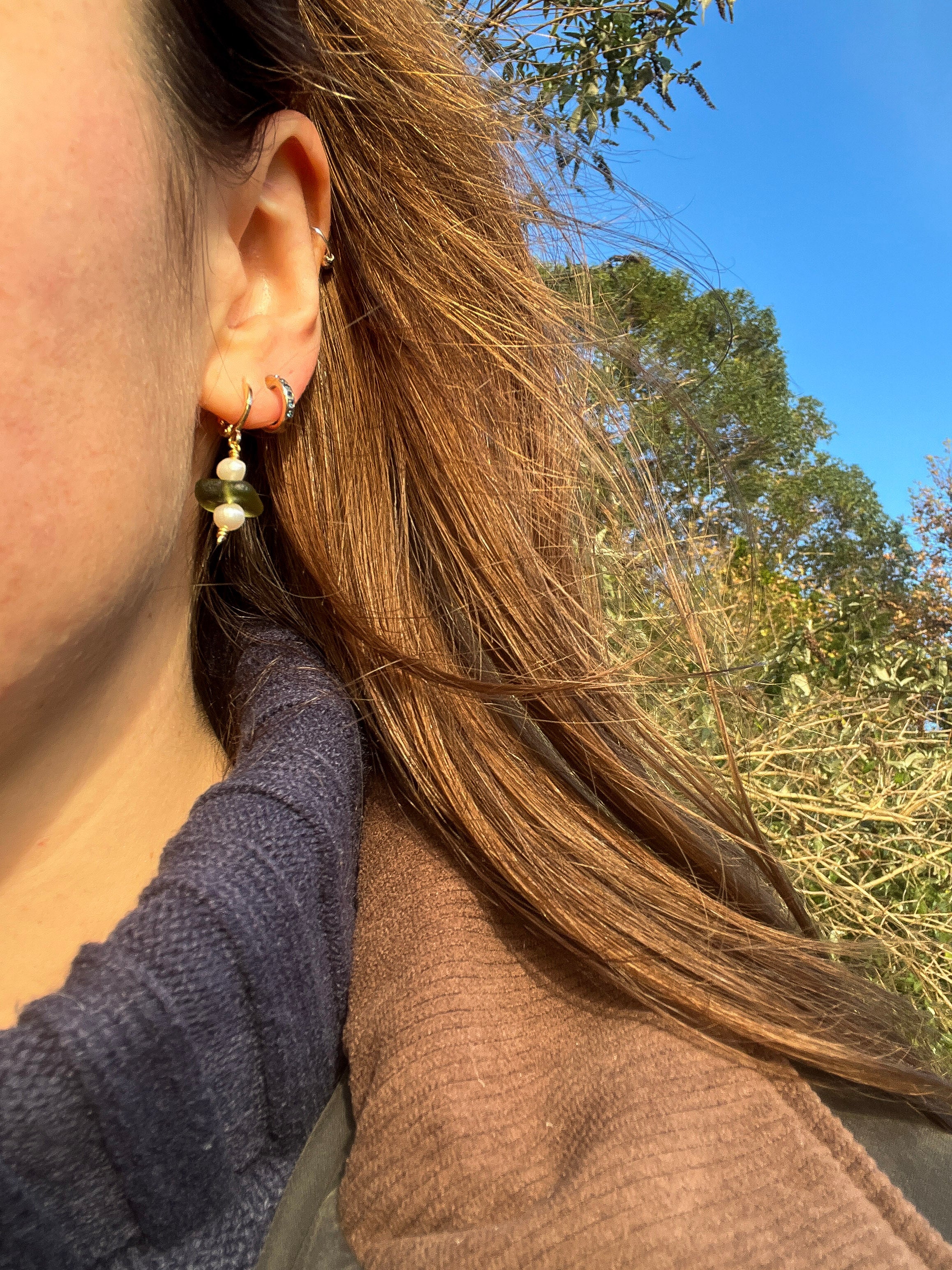 Green Sea Glass Earrings, Huggies with Freshwater Pearls