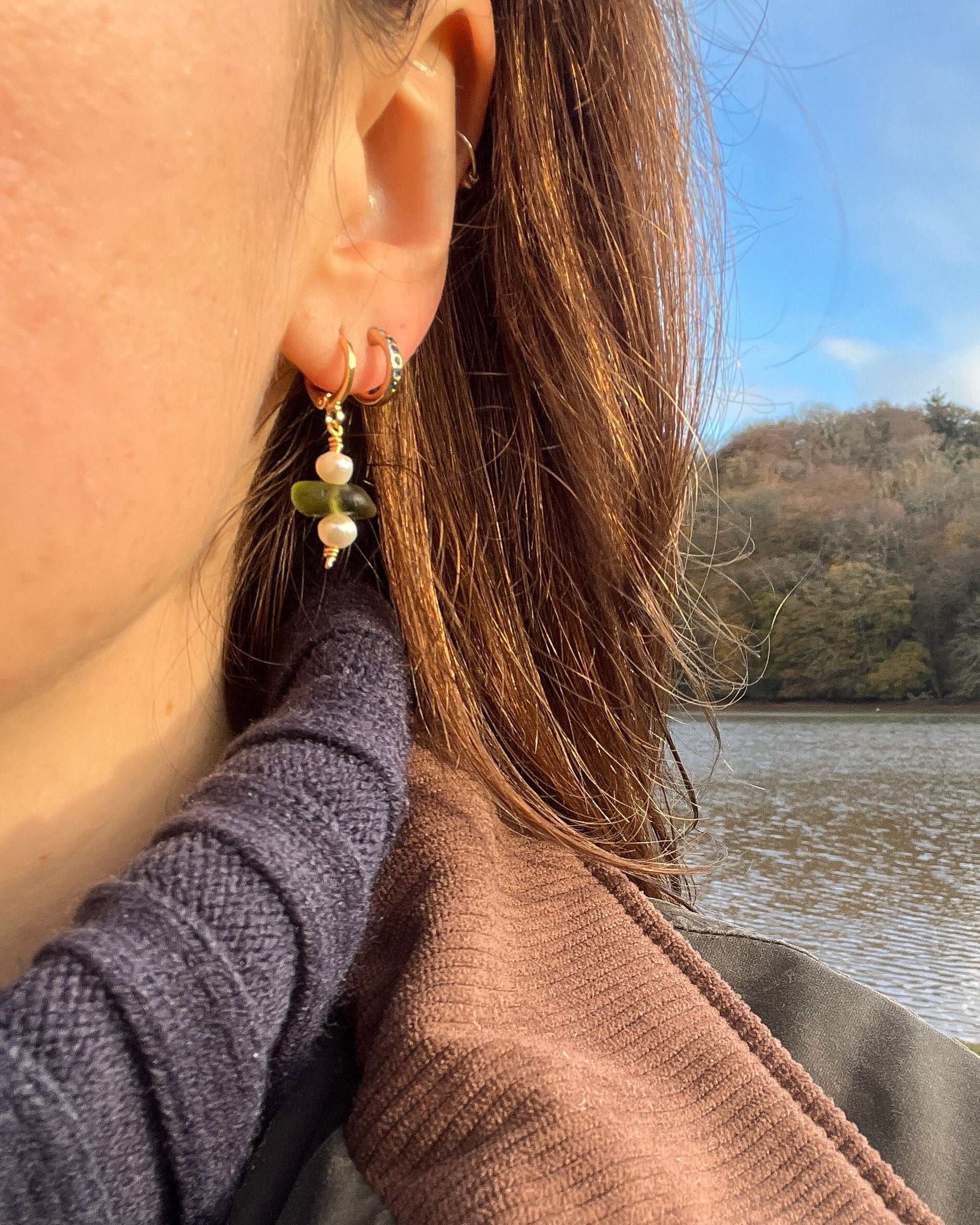 Green Sea Glass Earrings, Huggies with Freshwater Pearls