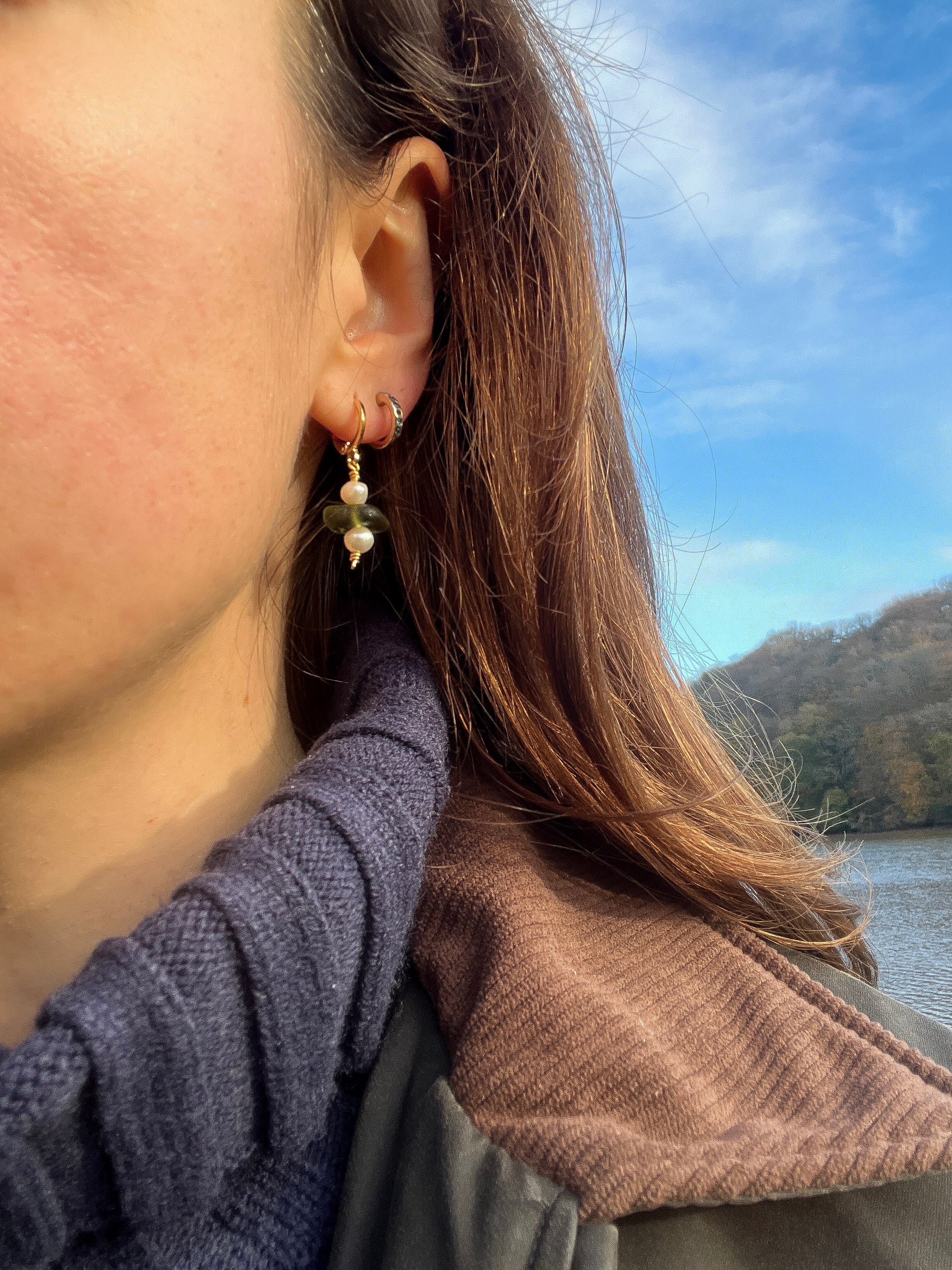 Green Sea Glass Earrings, Huggies with Freshwater Pearls